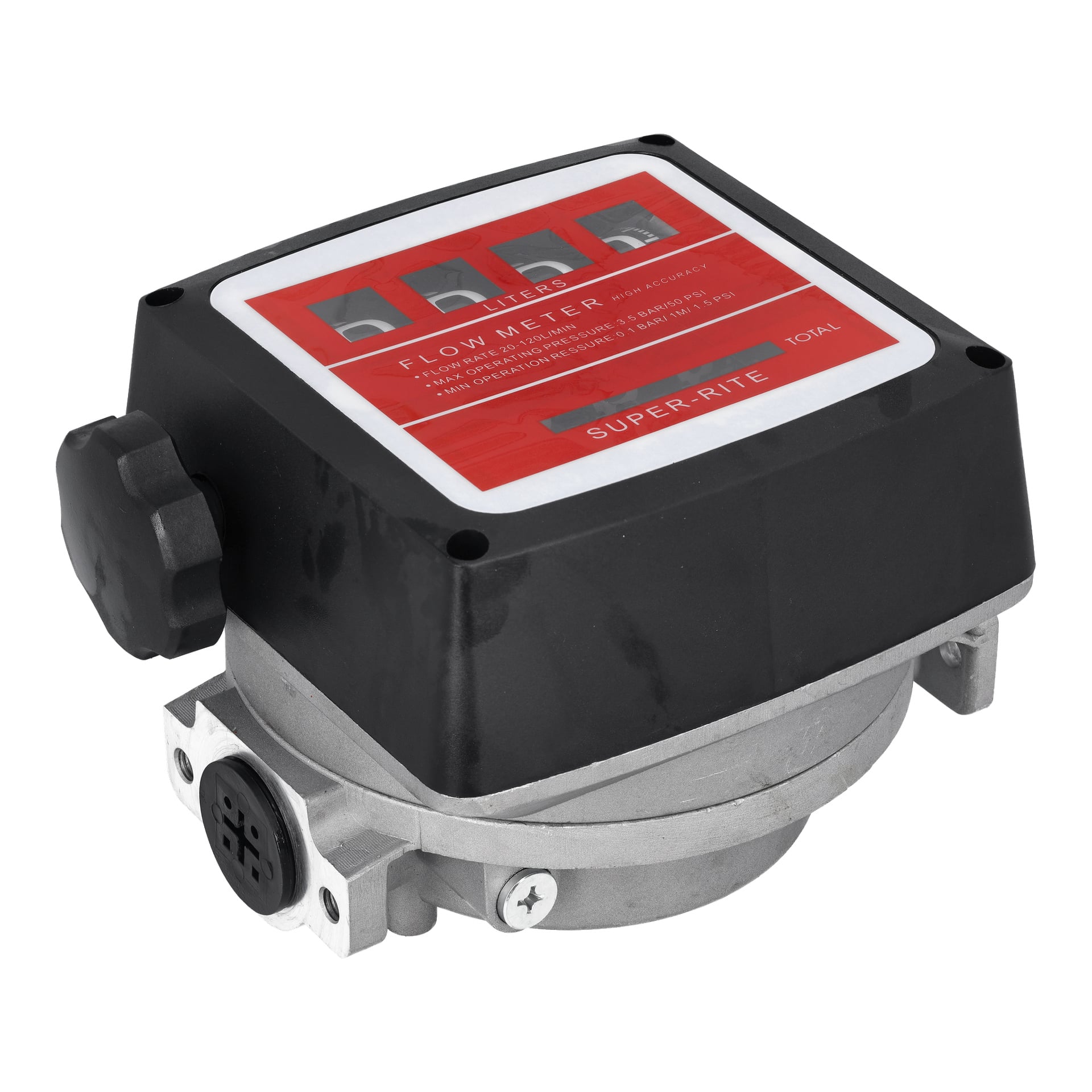 En dieselpumps-flödesmätare med svart och silverfärgad design, röd etikett, fyrsiffrig display upptill, SUPER-RITE och FLÖDESMÄTARE-markeringar, synliga kopplingar.
