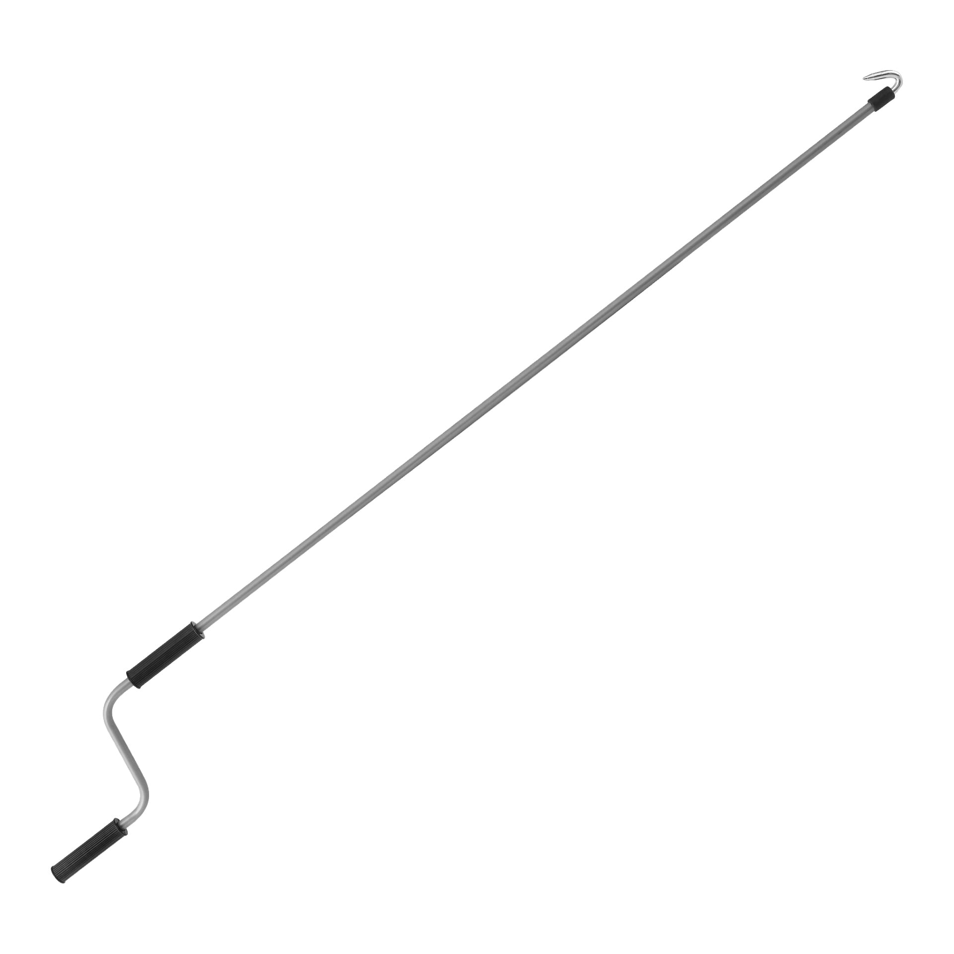 En Weave terrass-markisisstång med silverfinish, svart handtag i ena änden, krok i den andra och en mjuk böj nära handtaget.