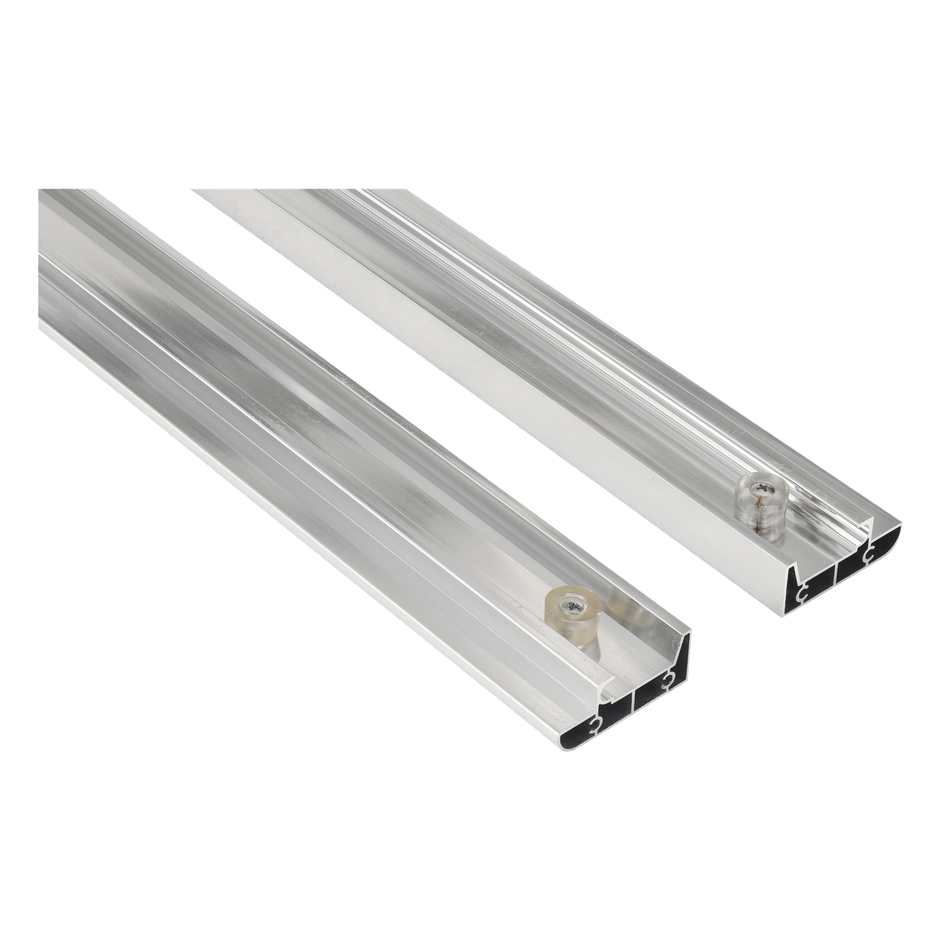 Dwa aluminiowe listwy drzwi, każdy o długości 108 cm z widocznym mechanizmem rolkowym w kanale, są pokazane obok siebie.