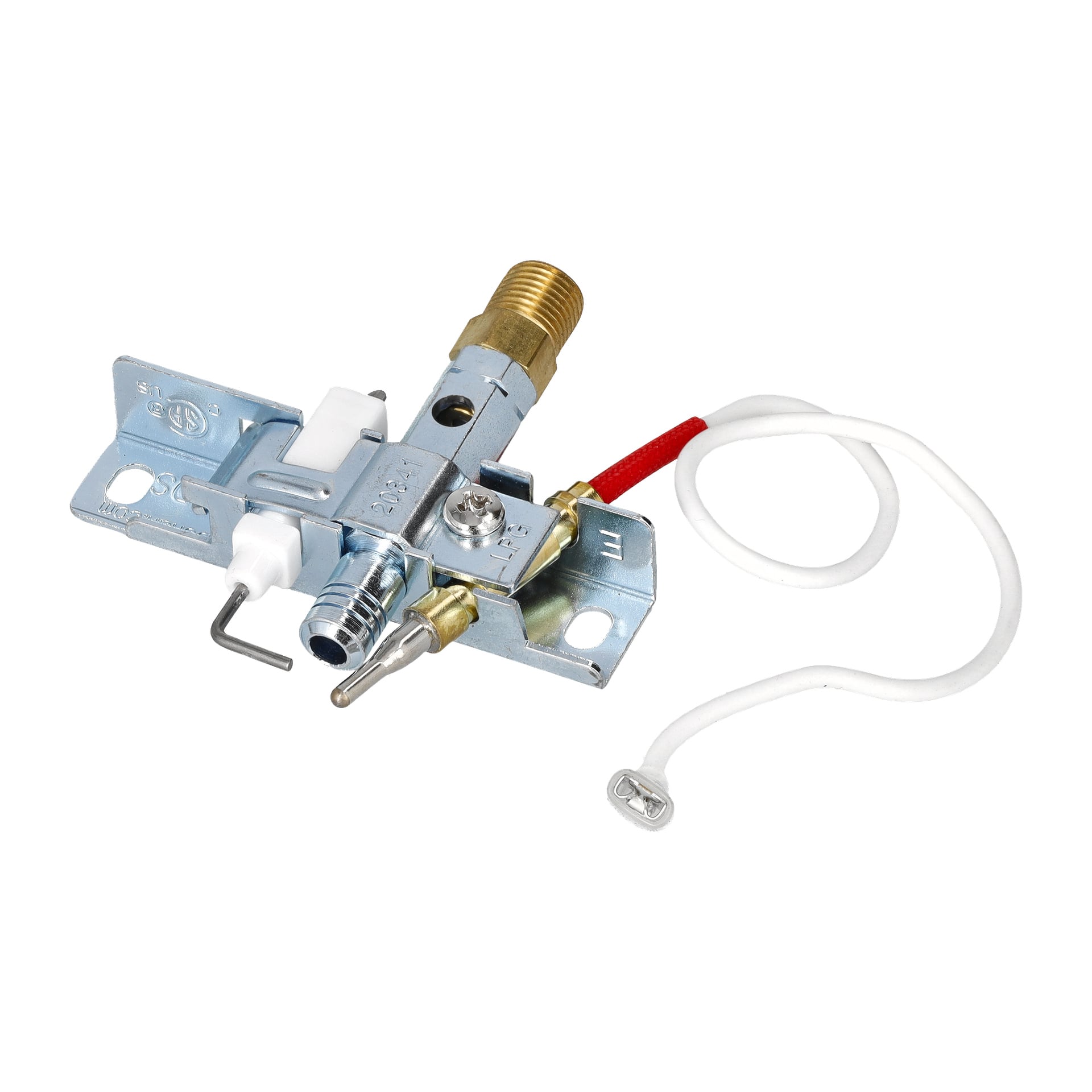 Närbild på Lighter Unit F. 430045/005508 med metall gaspilot, messingskontakt, vita keramiker, tändare och vit tråd.