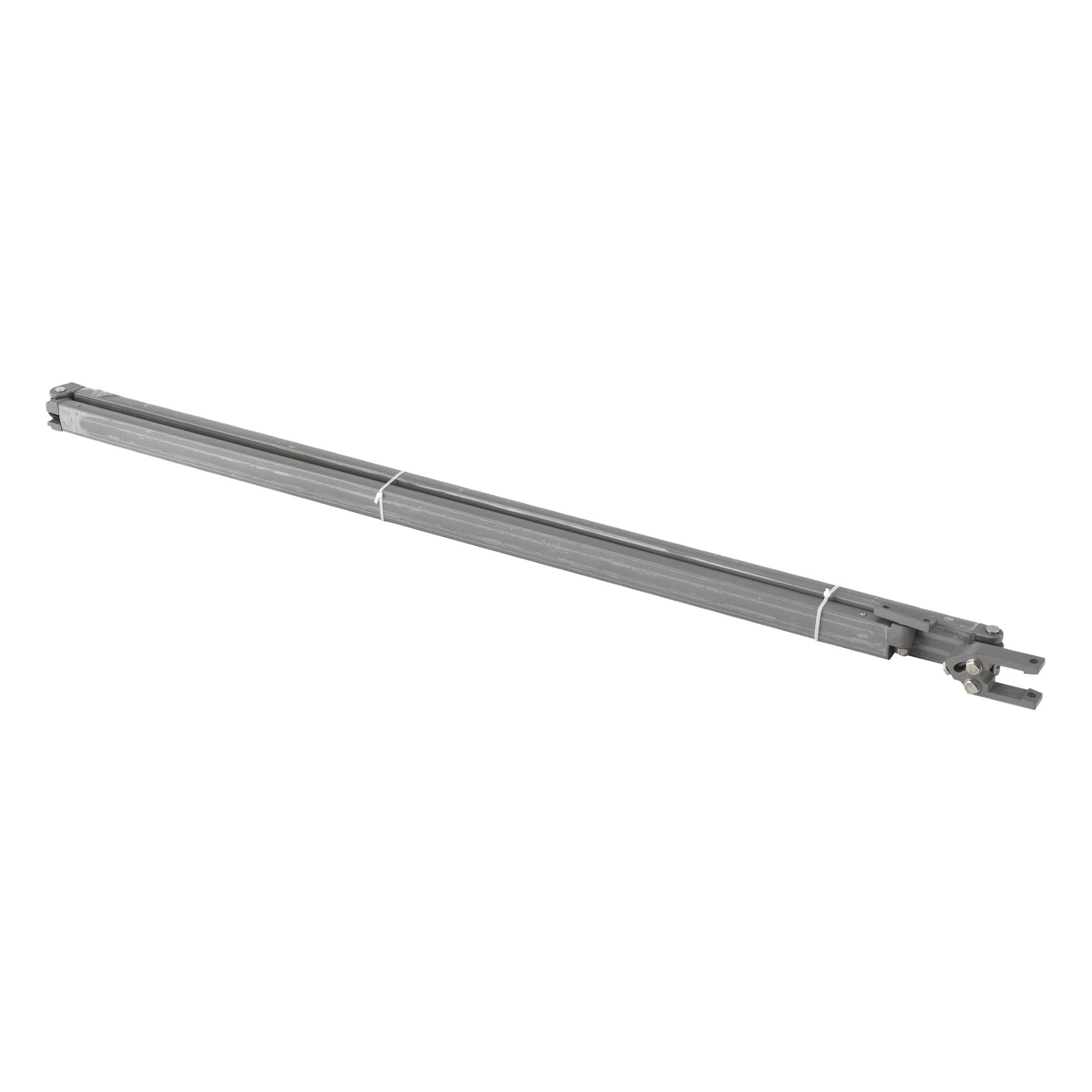 En lång grå metallstång från Arm 150:s terrassmarkis, med mekaniska delar i ena änden och hålls fast av två vita buntband.
