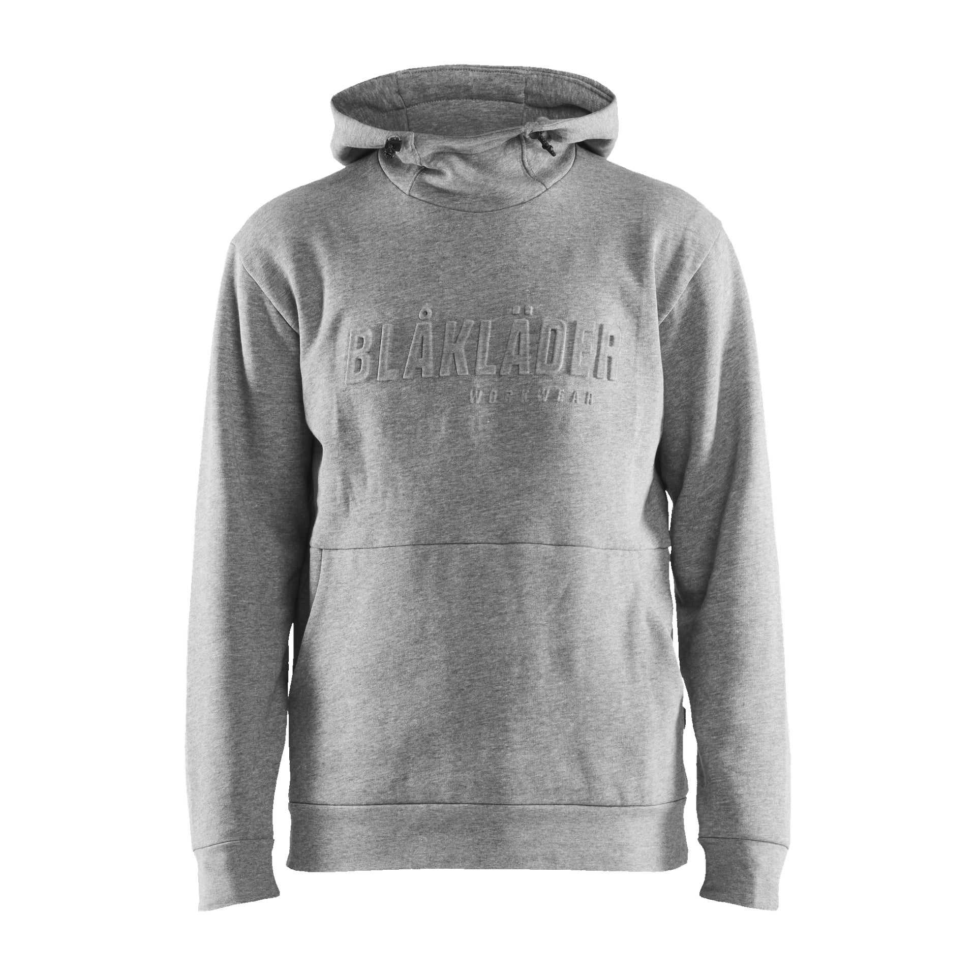 En enkel grå herrehettegenser fra Blaklader med lange ermer, frontlomme og snøre på hetten, med "Blåkläder Workwear" preget på brystet.