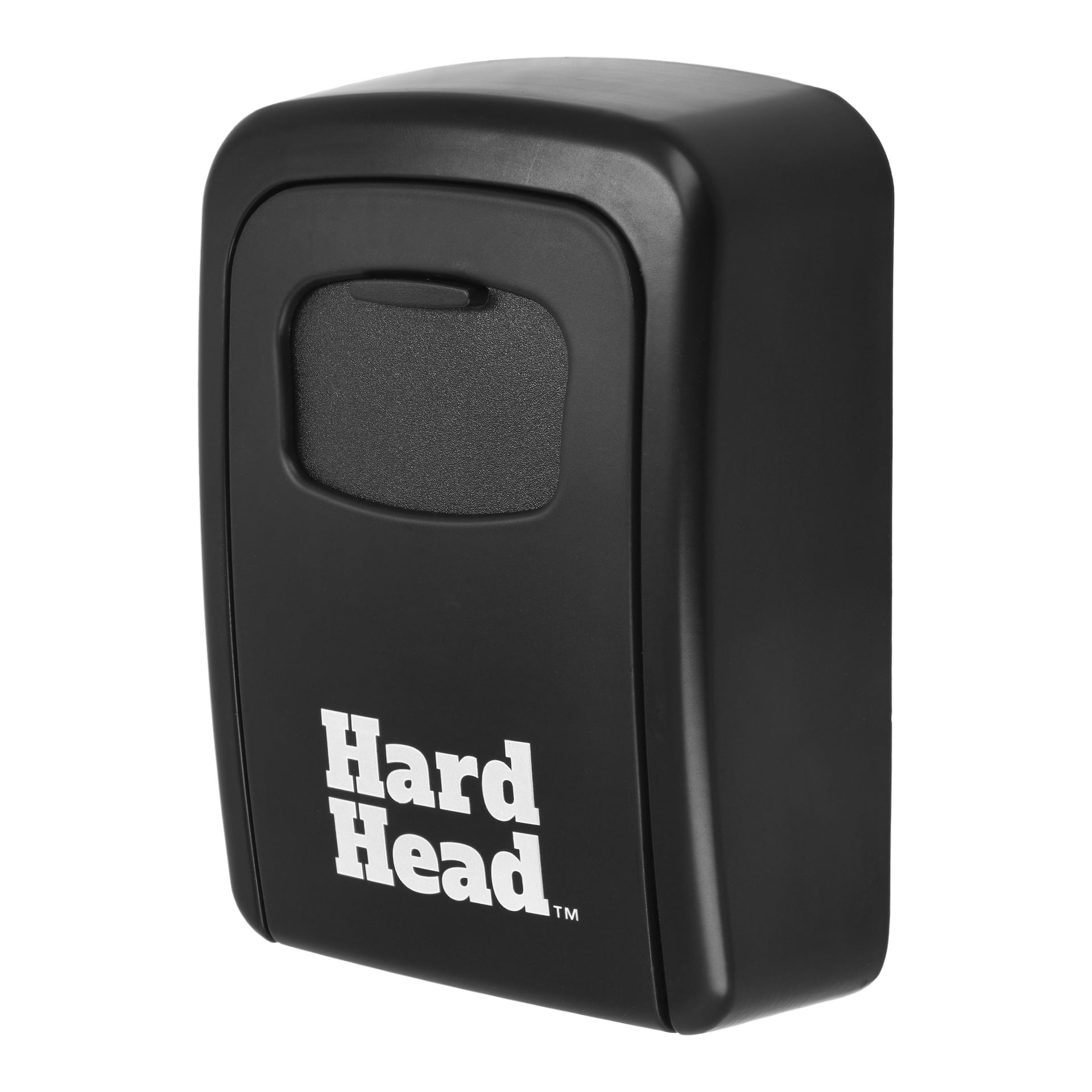 Ett svart tangentkabinett med en böjd framkant, med varumärket "Hard Head" i fet vit text längst ner. En liten klaff nära övre mitten döljer låsmekanismen.