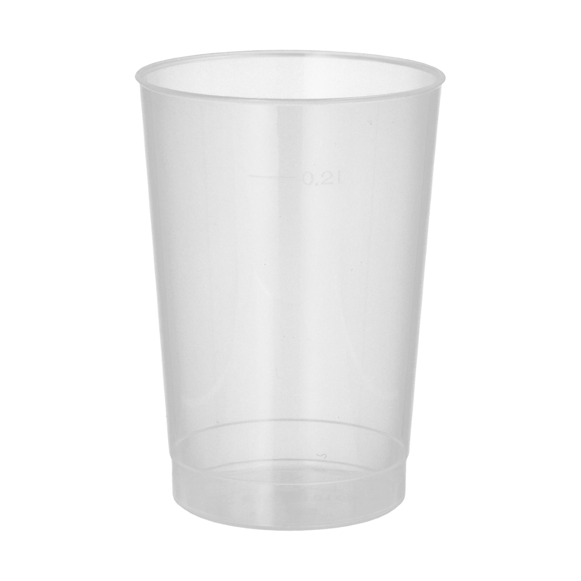 Ein transparentes Papstar-Kunststoffglas aus einem 10er-Pack steht aufrecht und zeigt an der Seite Messmarkierungen.