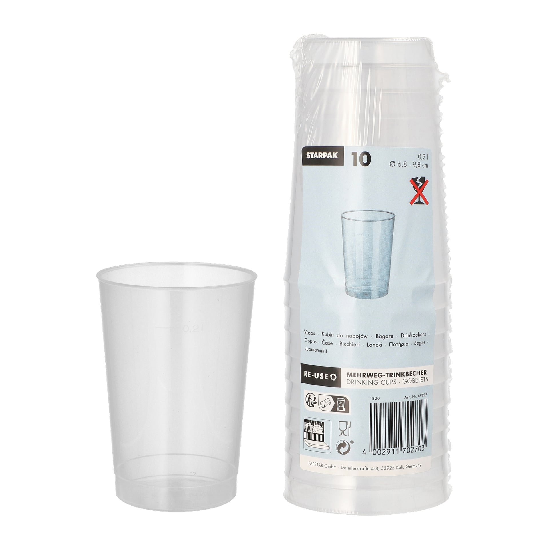 Ein 10er-Pack Papstar-Plastikgläser ist in der Verpackung neben einem passenden klaren Plastikbecher gestapelt. Die Verpackung zeigt Produktinformationen und Symbole für Kapazität und Wiederverwendung.
