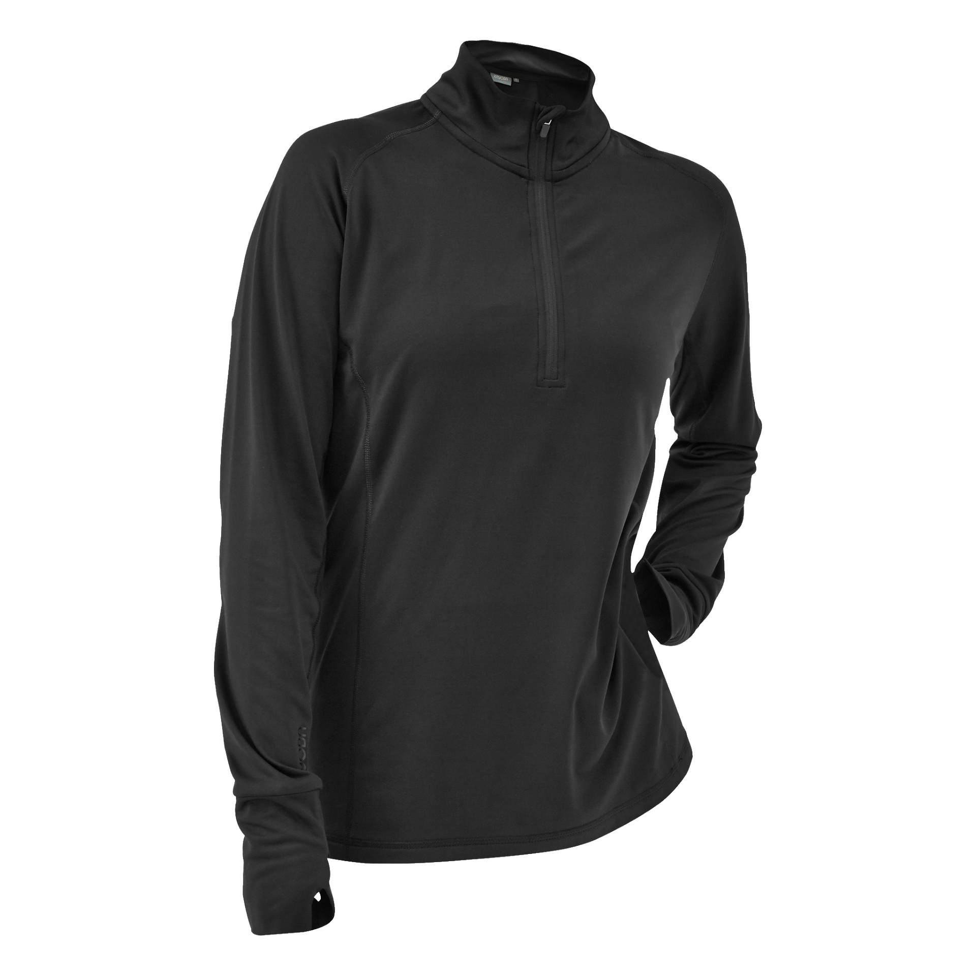 Ein schwarzes Kayoba Women's Functional Top mit langen Ärmeln, Viertelreißverschluss vorne und einem Mock-Neck. Das Material ist glatt und leicht angepasst für ein stromlinienförmiges Aussehen. Eine Hand ruht auf der Hüfte und es gibt keine auffälligen Logos oder zusätzliche Verzierungen.