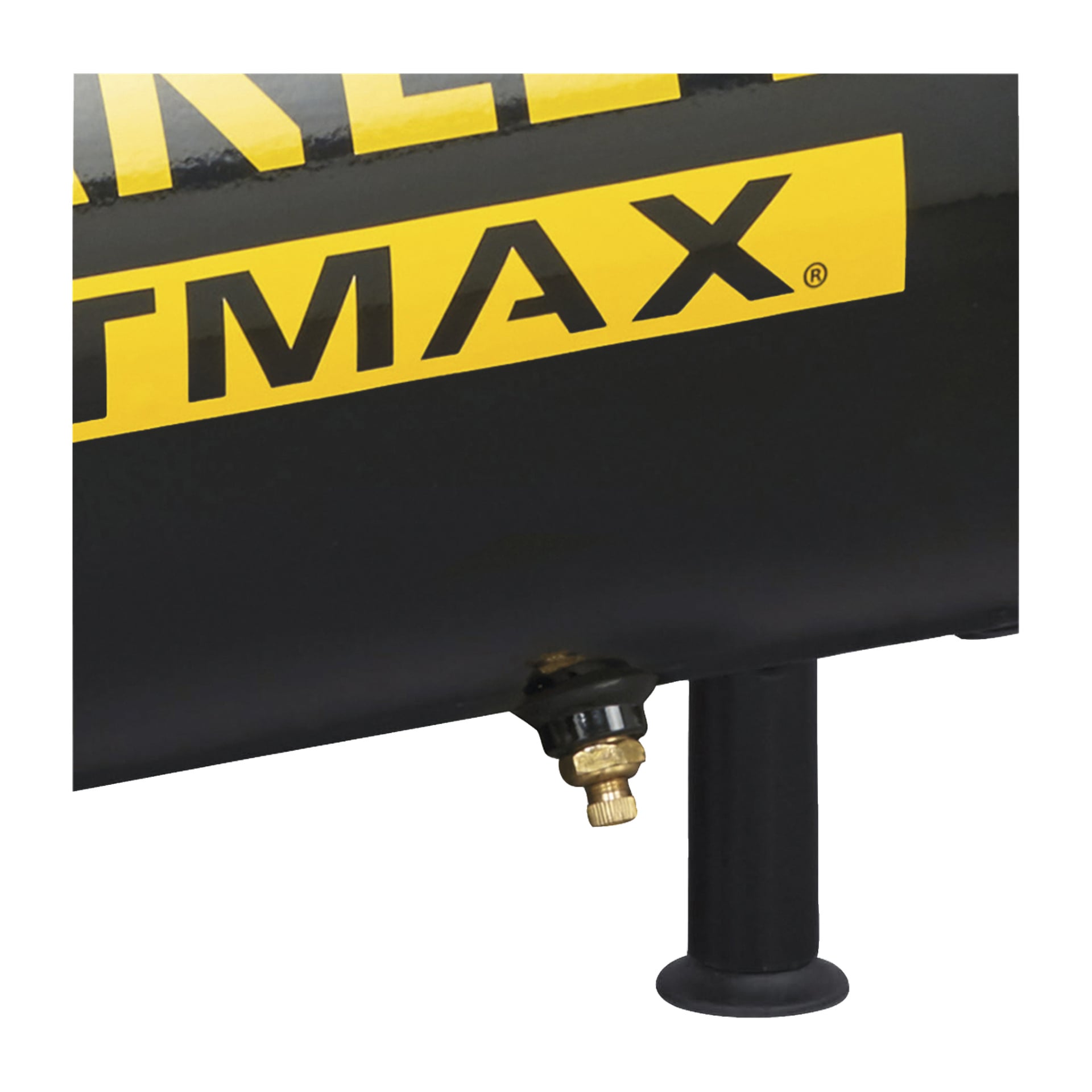 Detaillierte Ansicht des Stanley Fatmax Kompressors D 211/8/24 FATMAX, mit einem schwarzen Metalltank mit gelbem MAX-Etikett und einem goldenen Ventil an der Basis, neben einem schwarzen zylindrischen Stützbein.