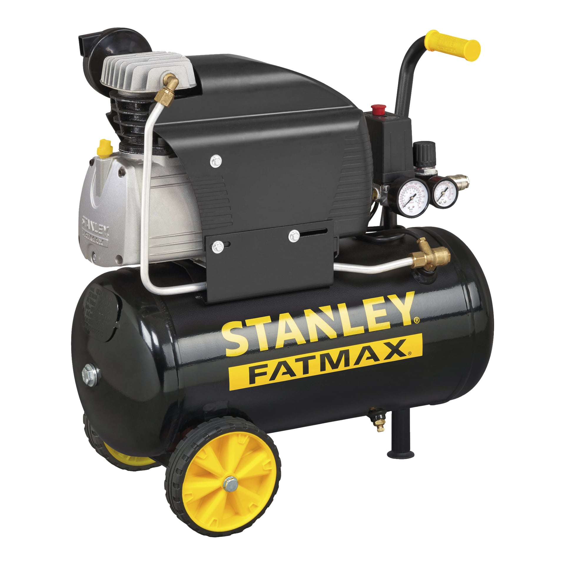 Stanley Fatmax Kompressor D 211/8/24 FATMAX mit schwarzem Tank, gelben Griffen und Rädern, zwei Druckmessgeräten und freiliegenden Metallanschlüssen an der Seite.