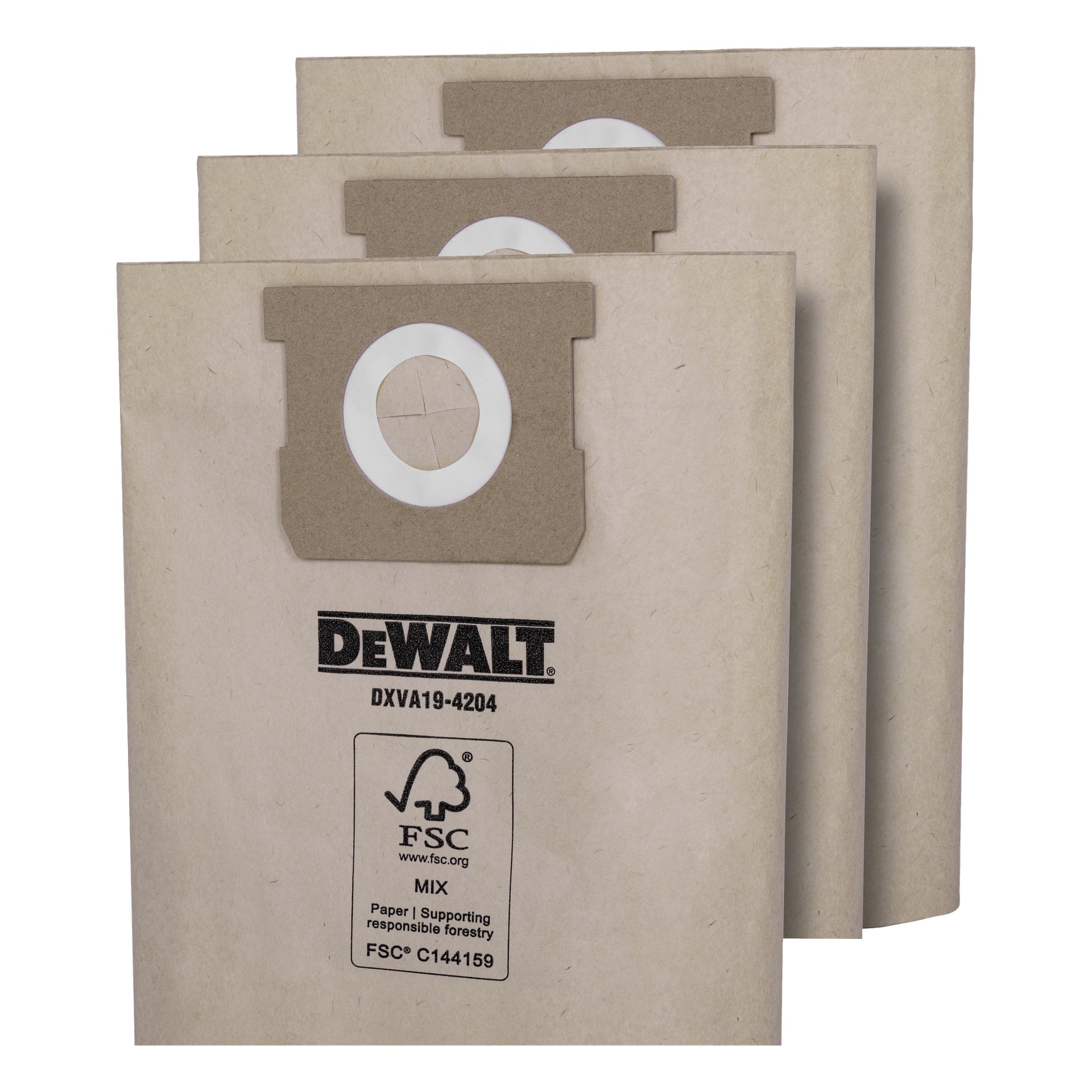 Trzy brązowe papierowe woreczki filtracyjne DeWalt, oznaczone jako DXVA19-4204 3-pak, są ułożone razem w jeden na drugim. Każda torba posiada logo DeWalt, kod produktu DXVA19-4204 oraz znak certyfikacji FSC z przodu.