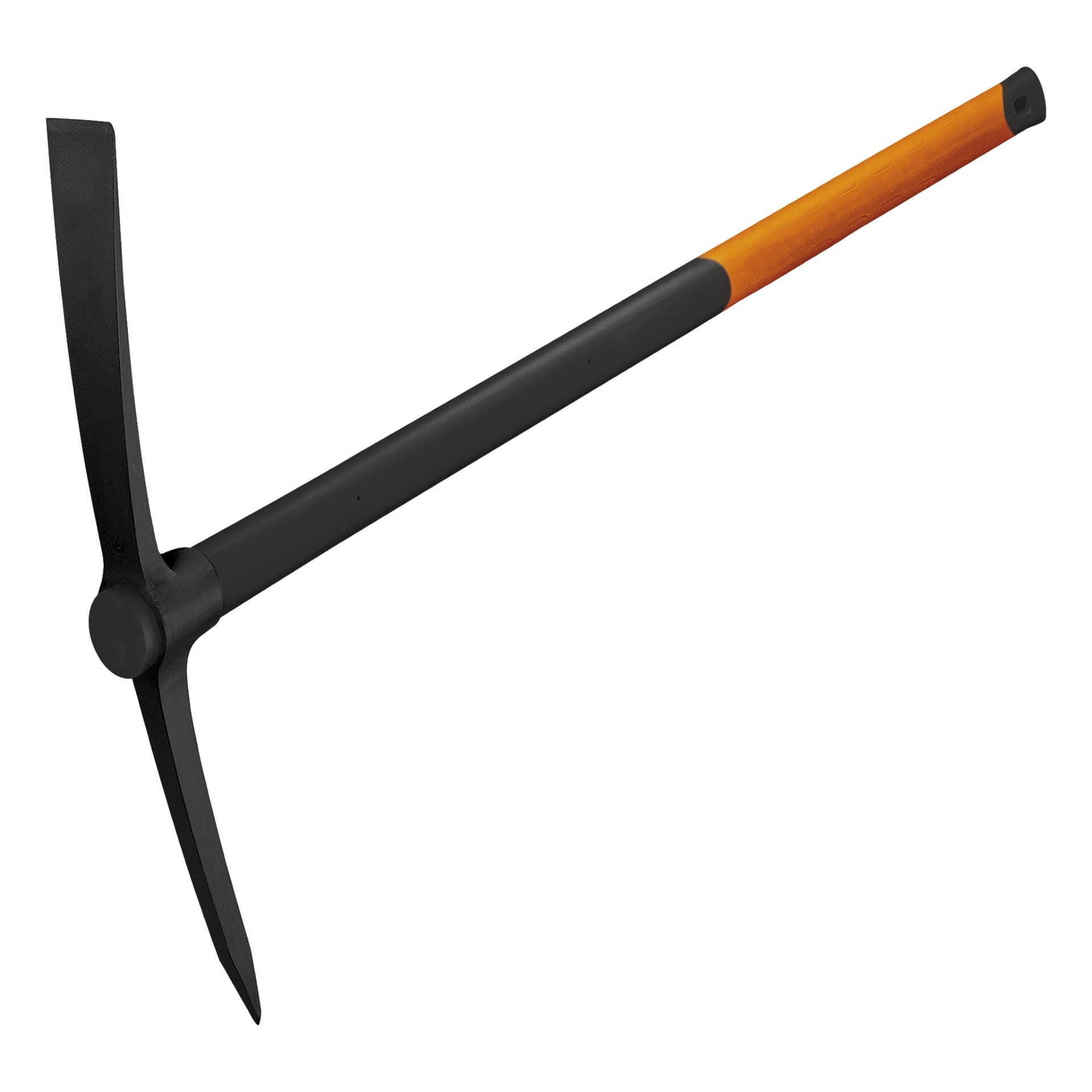Eine Fiskars-Spitzhacke mit einem schwarzen Metallkopf, der sowohl ein spitzes Ende als auch eine flache Klinge hat, an einem langen Griff befestigt, der am Griff orange ist und näher am Kopf schwarz wird.