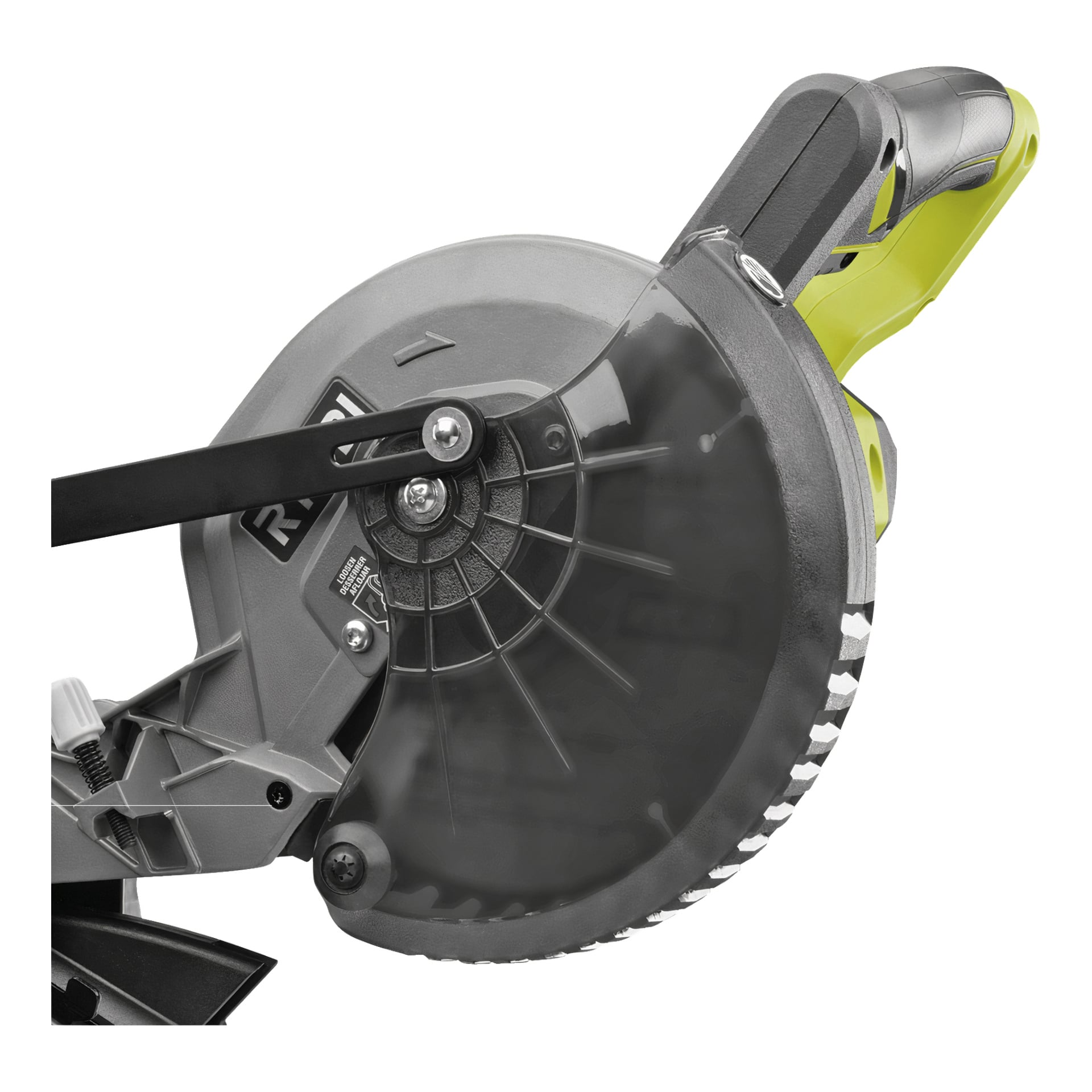 Närbild på Ryobi One+ RMS18190-0 batteridrivna geringssåg, som visar dess cirkelsågblad skyddat av ett genomskinligt svart bladskydd och kopplat till ett grått och gult handtag.