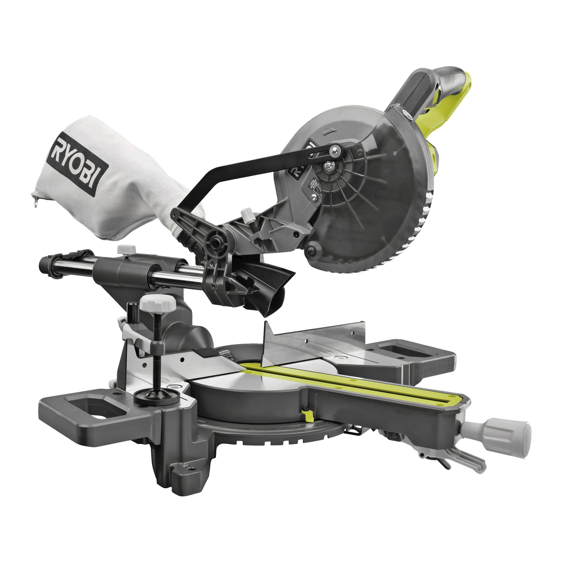 Ryobi One+ batteridriven geringssåg (RMS18190-0) med dammpåse, flyttbart staket och ergonomiskt handtag, gjord för noggrann vinklad sågning av trä eller liknande material.