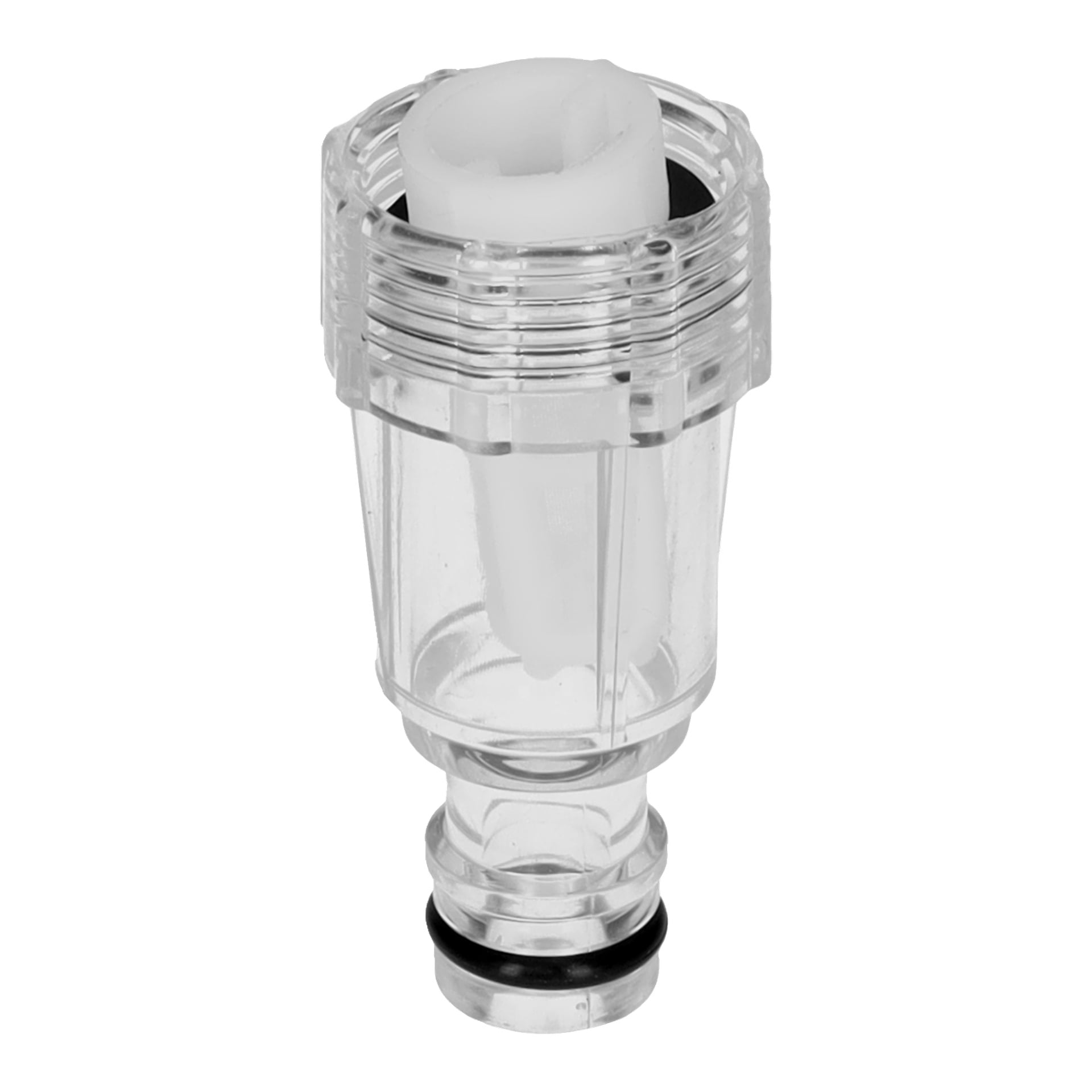En slang kopplade vattenintaget med en transparent plastkropp, gängad topp, vit mittdel och svart O-ring vid basen.