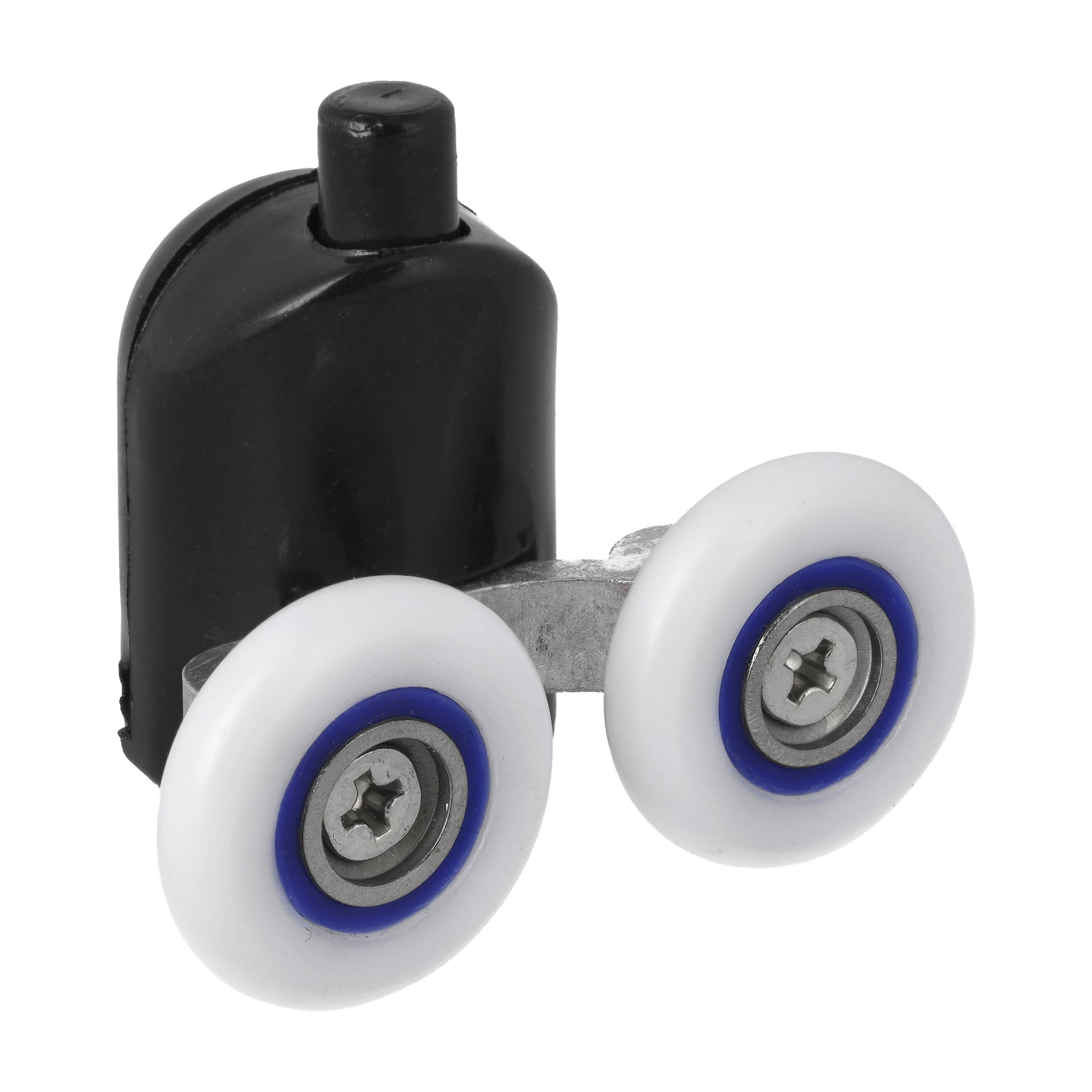 Zbliżenie na rolkę do drzwi przesuwnych Double Wheels: dwa białe koła z niebieskimi środkami, zamontowane na metalowym wsporniku i czarnej plastikowej obudowie.