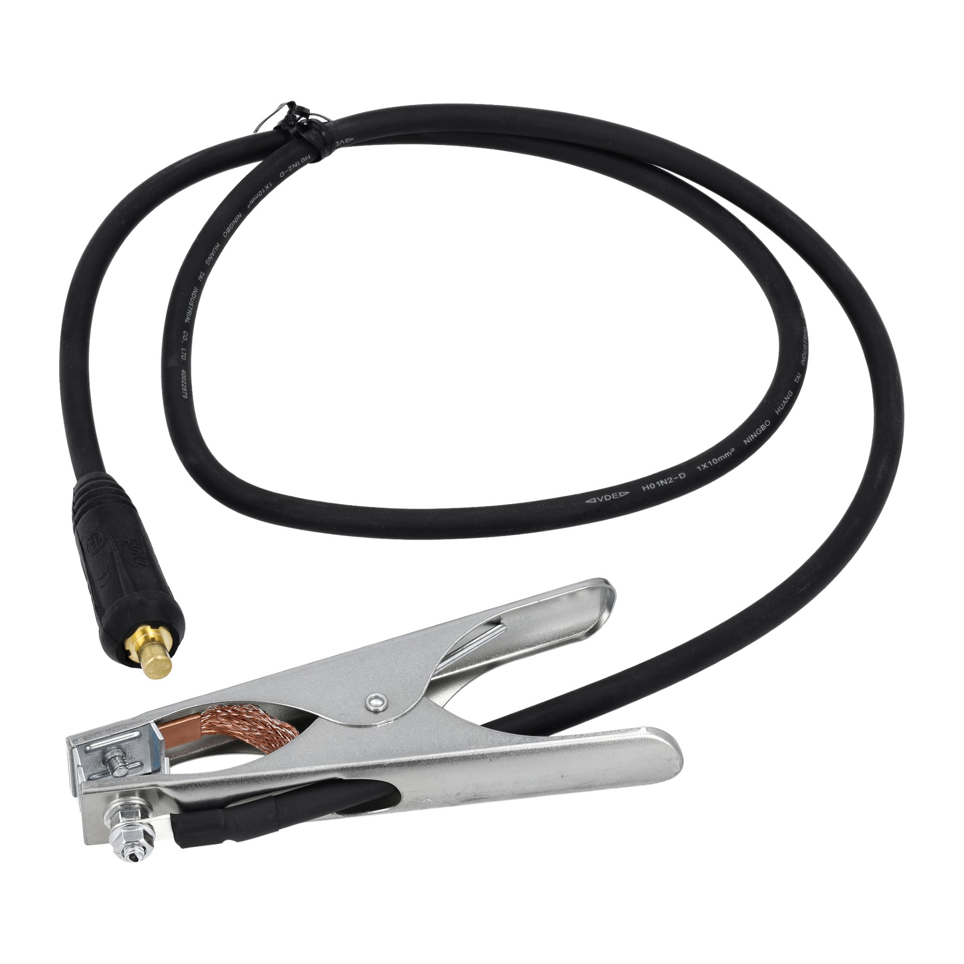 En svart kabel med en metallklämma i ena änden och en kontaktkontakt i den andra, vanligtvis använd för svetsning eller elektrisk jordning.