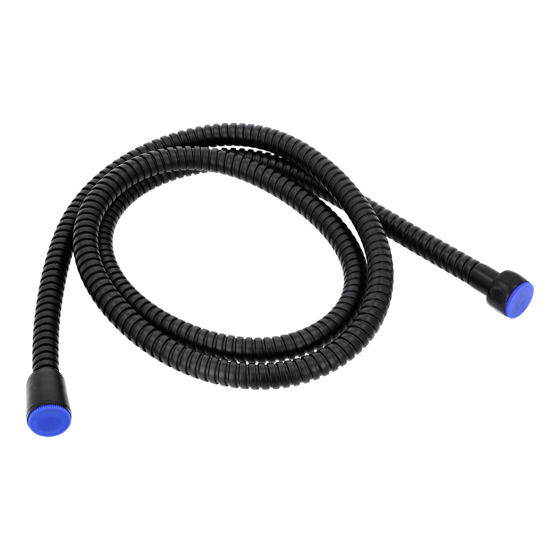 Shower Hose Black har en spiralformad, räfflad design och blå-lockade kontakter i båda ändar, som visas i en lös ögla.