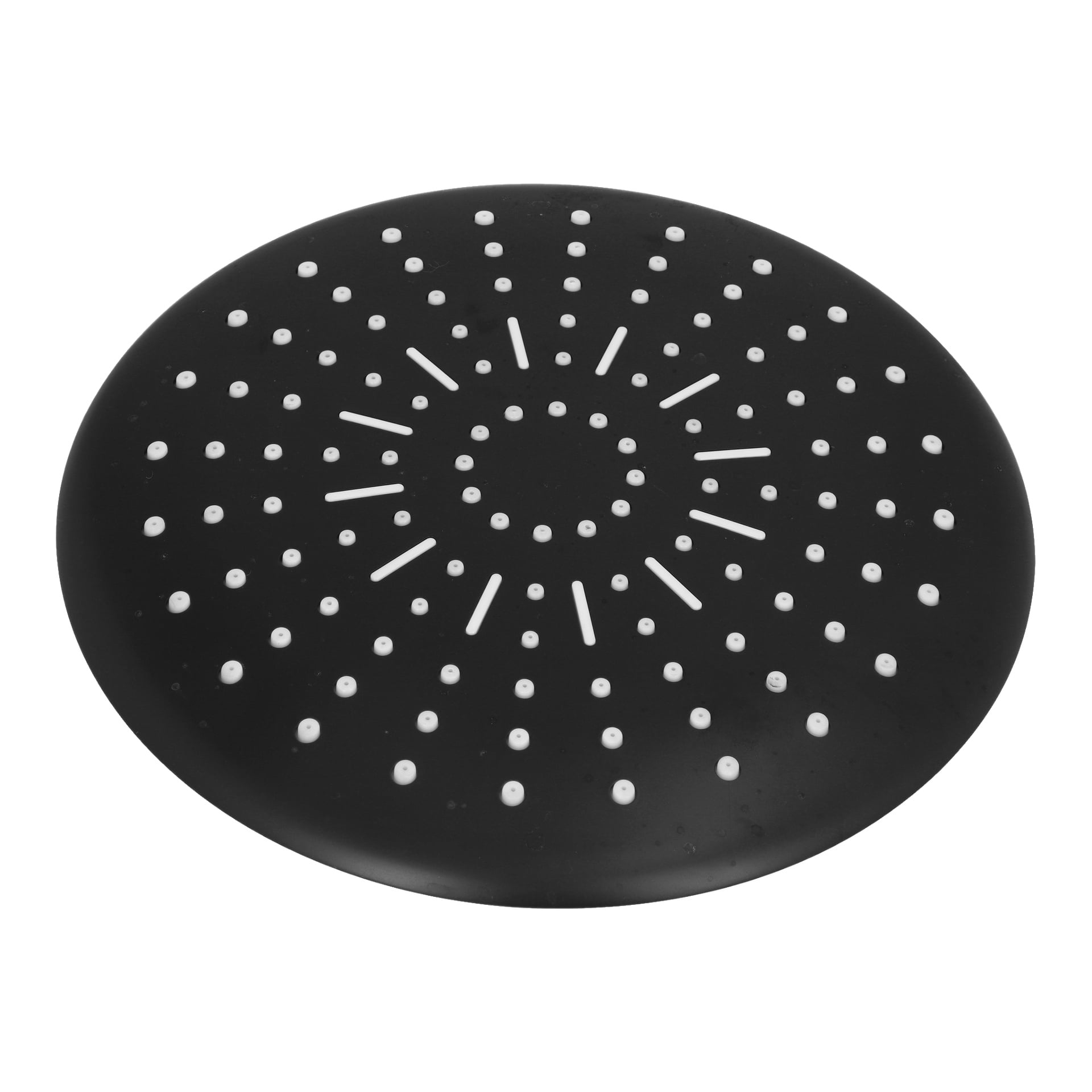 Top Shower Black är ett runt svart duschmunstycke med många små vita munstycken arrangerade i cirklar och raka linjer.