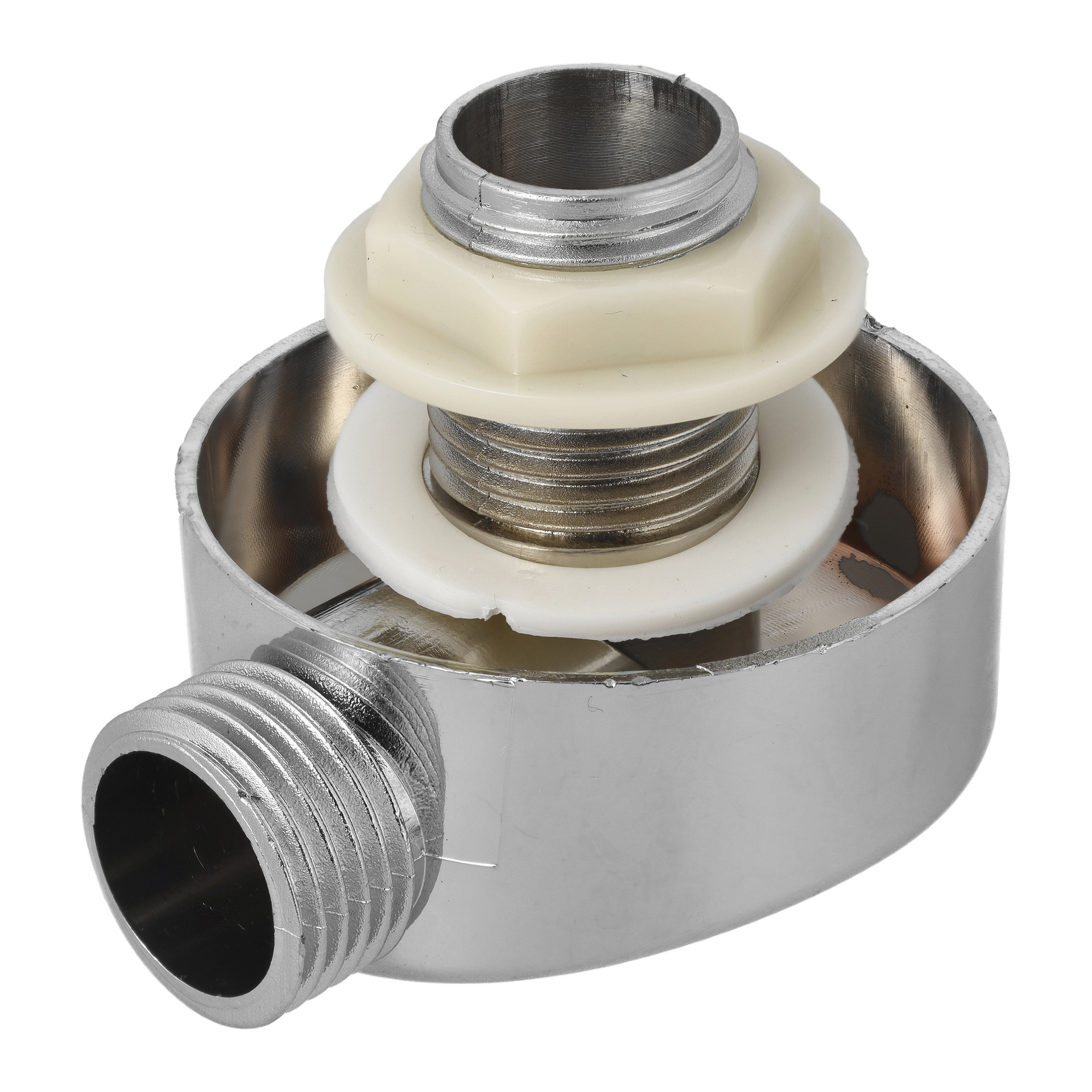 Närbild av Connector Chrome, en metallisk röranslutning med gängade ändar och två vita brickor för att koppla ihop rör eller armaturer.