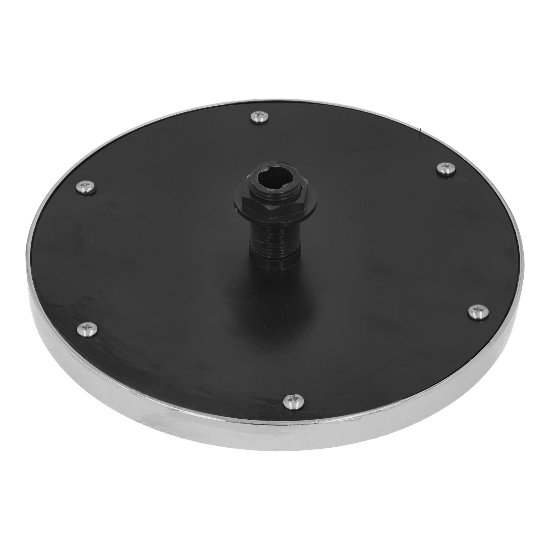 Top Shower Chrome har en rund svart metallplatta med en central gängad plastkoppling och sex skruvar längs kanten.