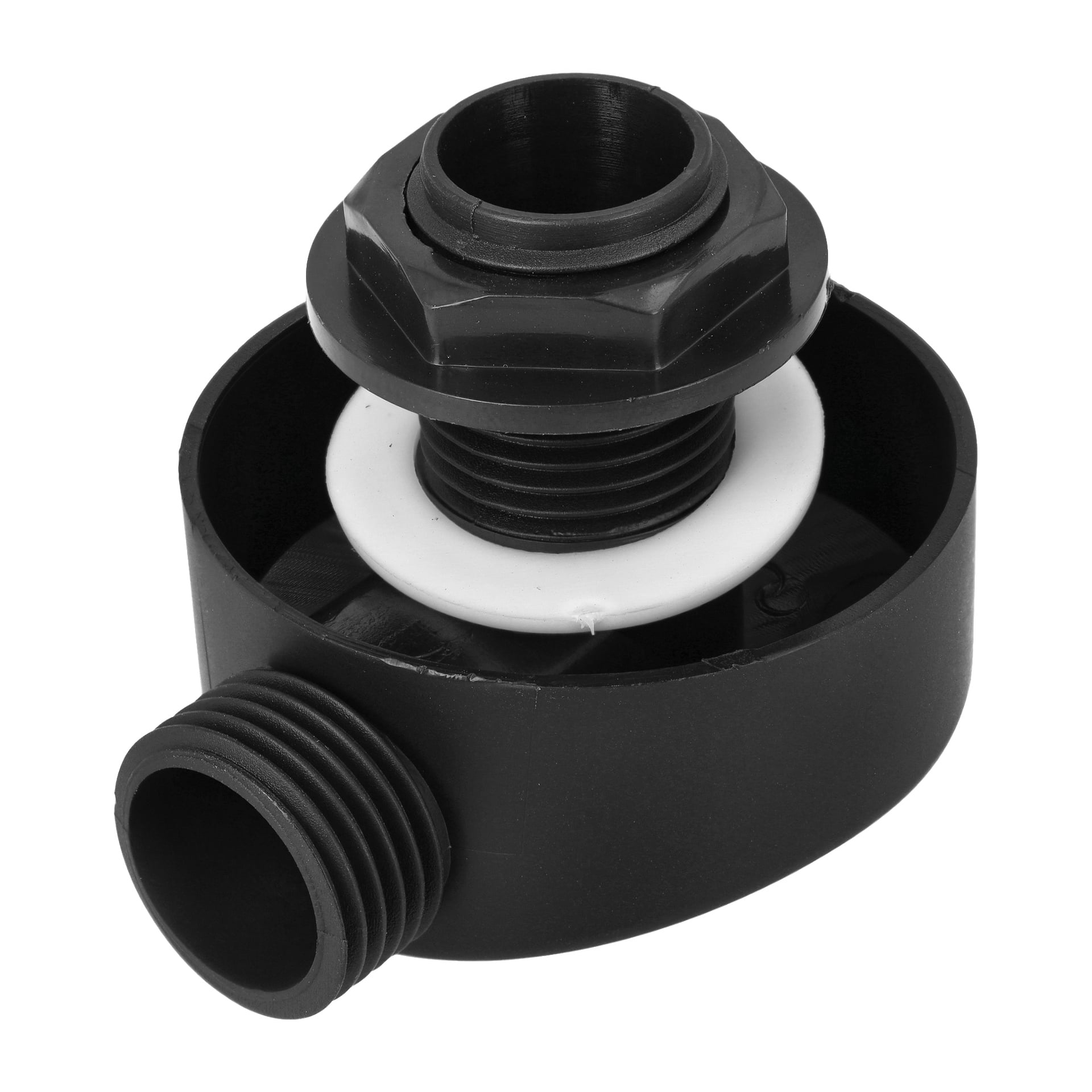 En närbild av Connector Black, en svart plaströrskoppling med gängning och en vit bricka, avsedd för VVS eller industriellt bruk.
