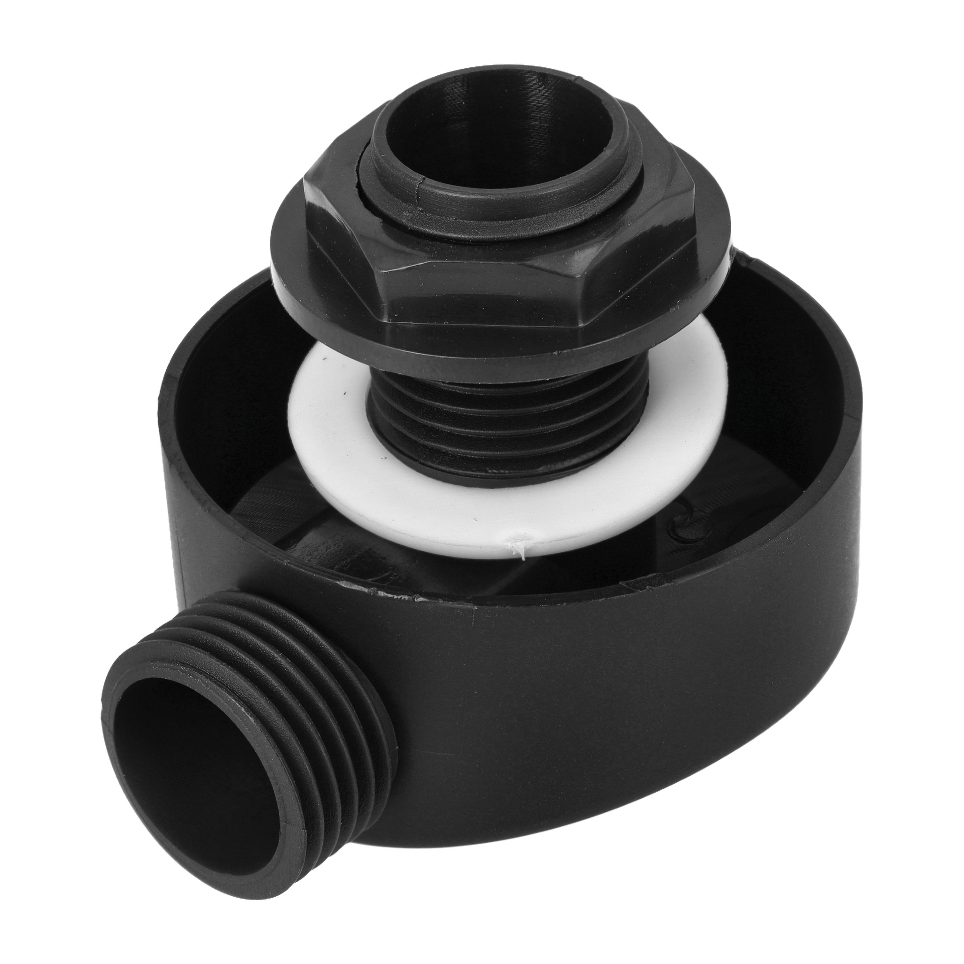 Et nærbilde av Connector Black, en svart plastrørkobling med gjenge og en hvit skive, ment for rørlegging eller industriell bruk.