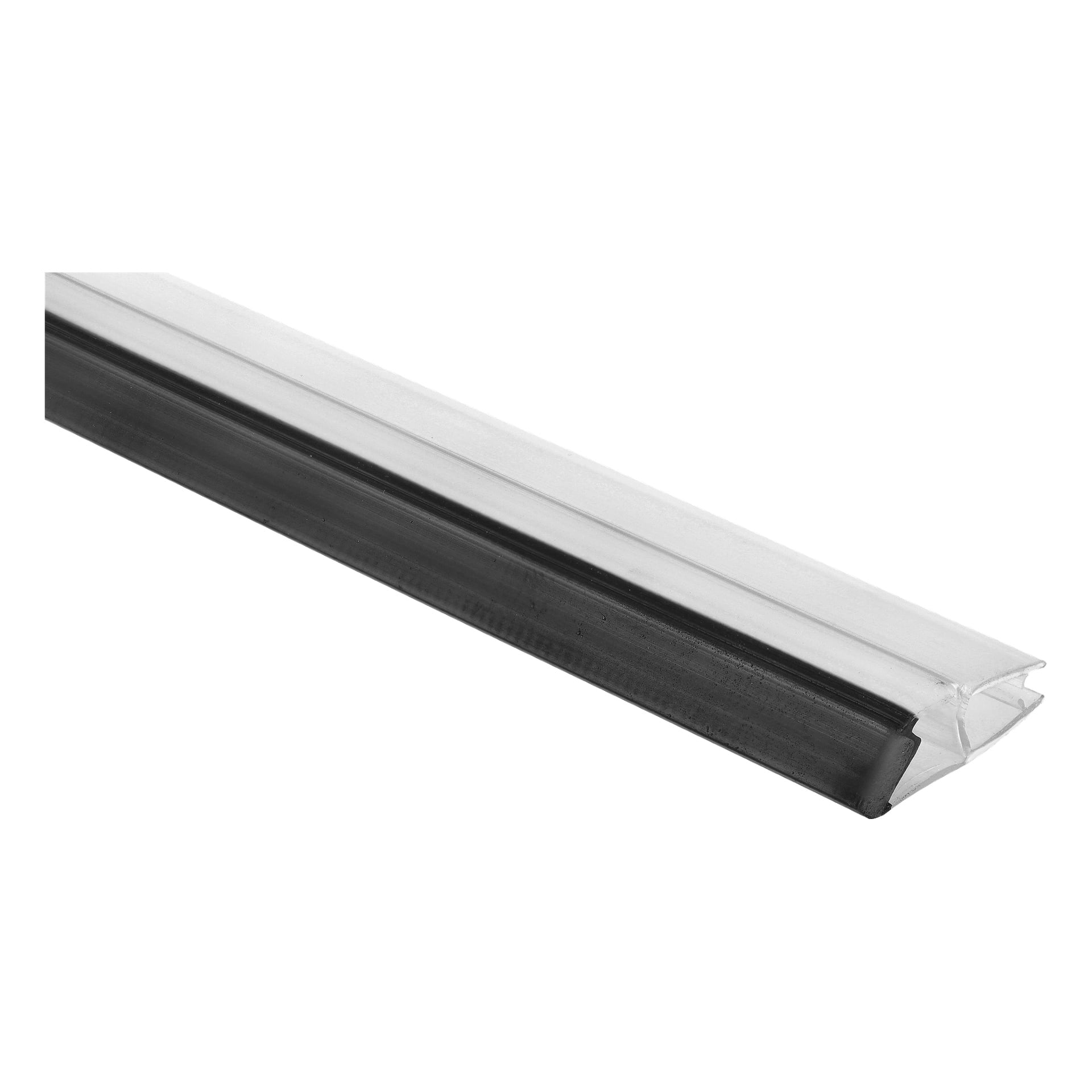 En närbild av Magnetic Strip Shower Enclosure visar en klar plastremsa med en svart gummikant.