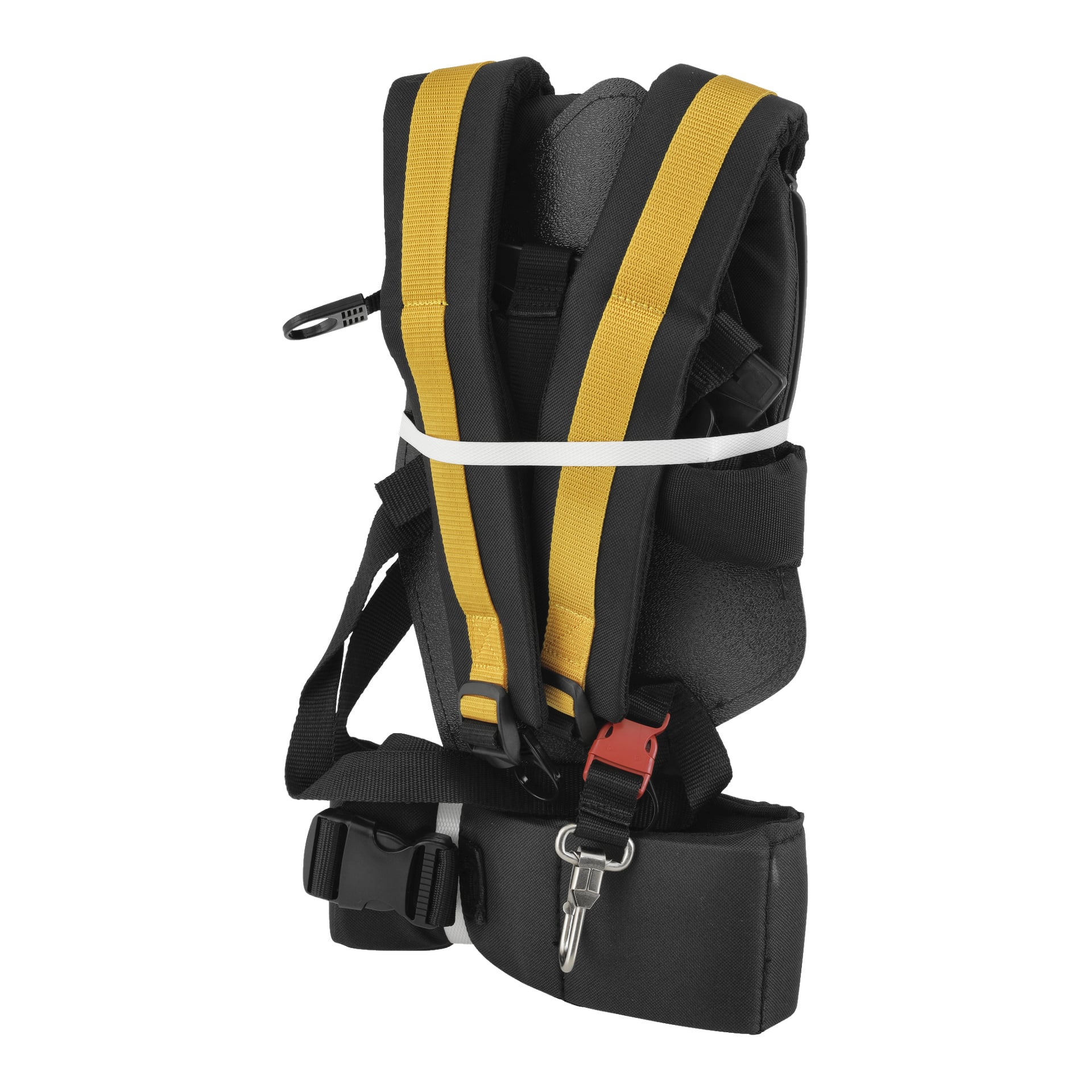 Double Harness Pro har svarta och gula remmar, ett rött klämma, en metallnyckelring med nyckel och svart plastspänne för stöd.