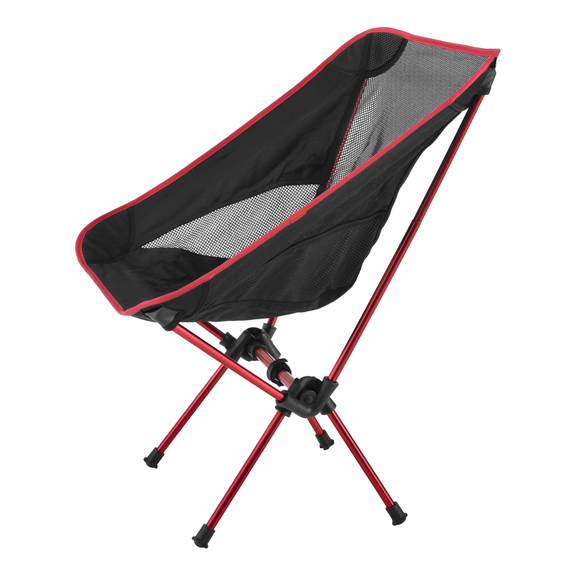Sivusta esitellään kompakti ja helposti kannettava Kayoba Folding Camping -retkituoli, jossa on musta verkkokangas, jota korostavat punaiset listat ja tukevat tukevat punaiset metallijalat.