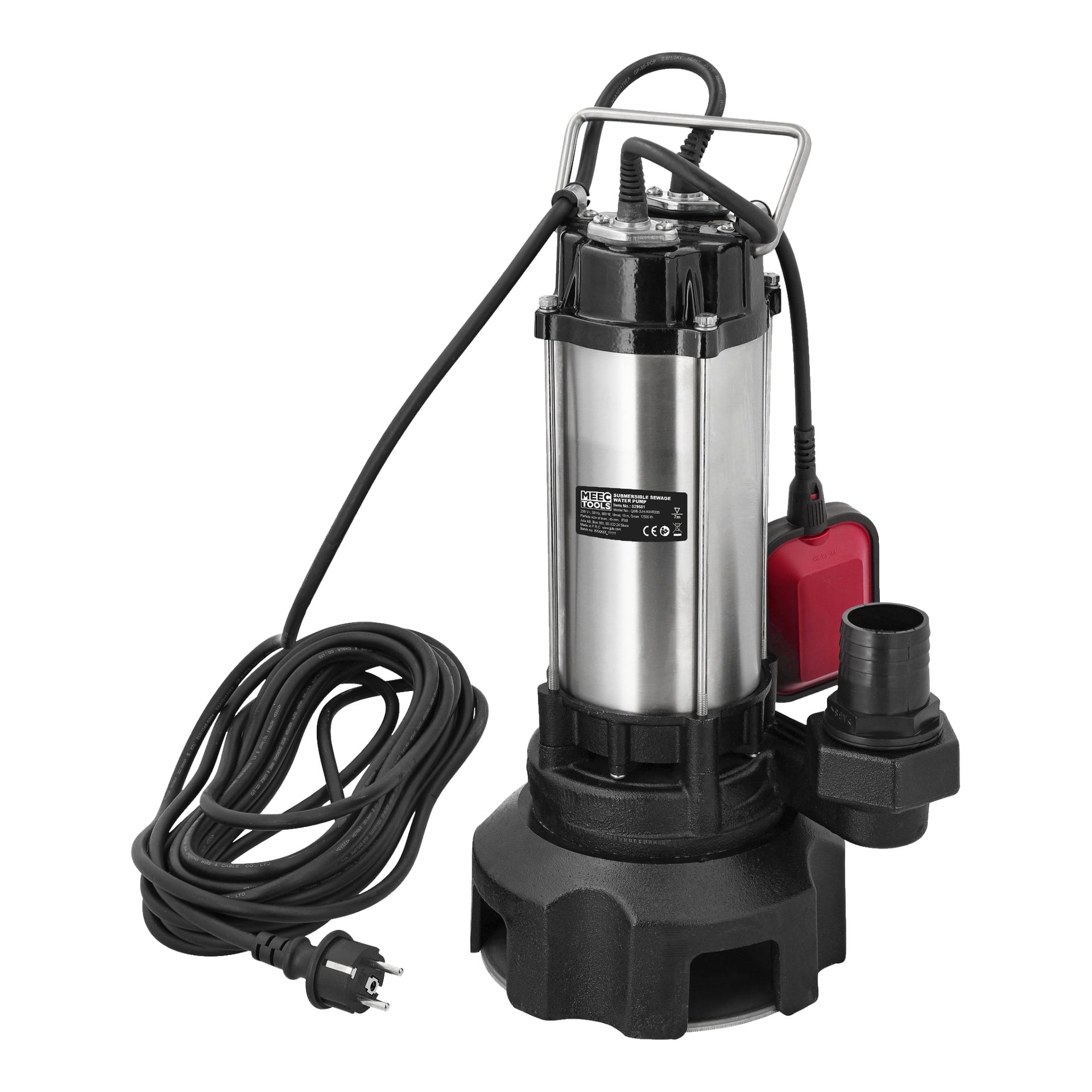 En Meec Tools nedsänkbar pump med ett hölje i rostfritt stål, svart plastbotten, lång strömkabel och kontakt, samt en röd flottörbrytare monterad på sidan.
