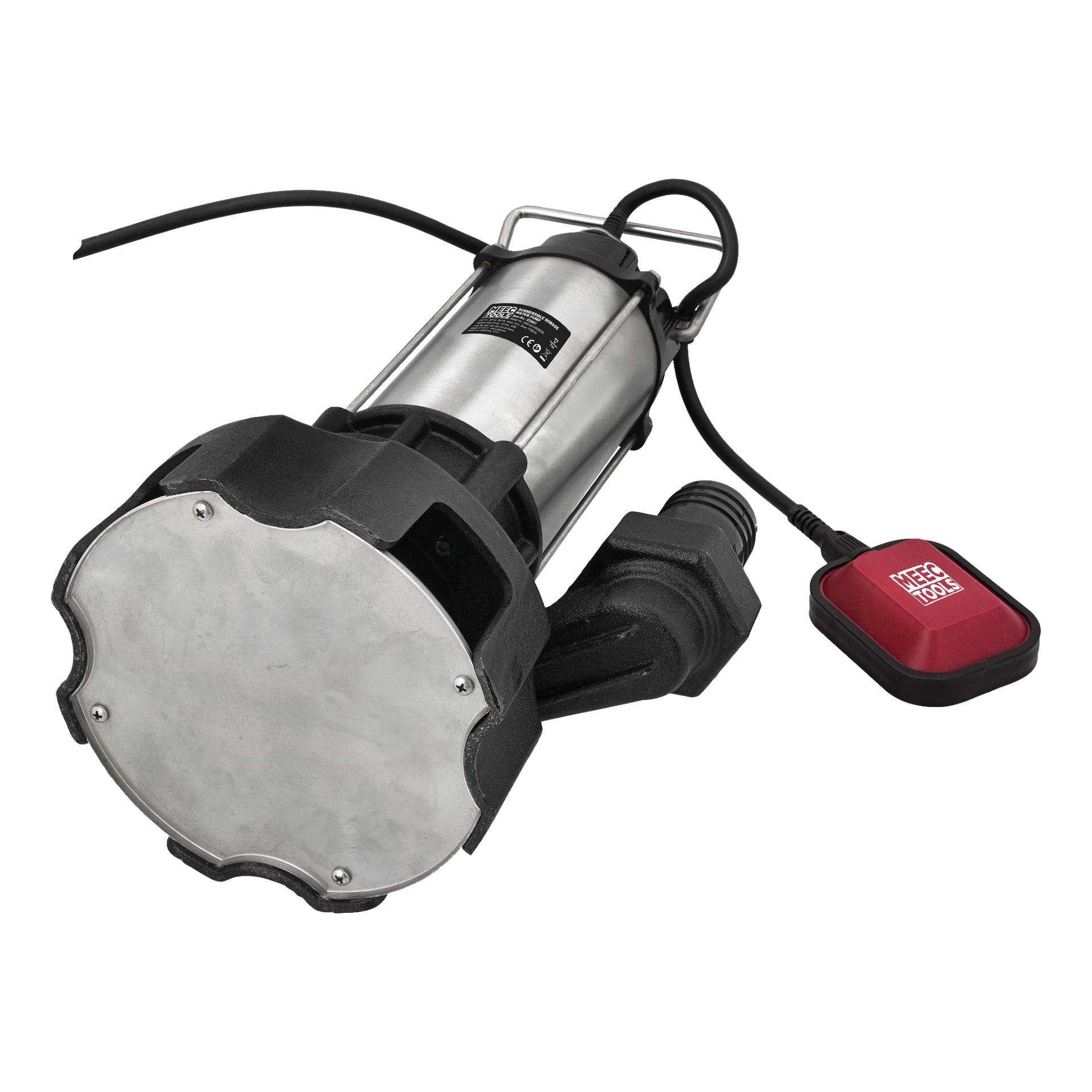 Eine Meec Tools Tauchpumpe mit schwarzen Kunststoffanschlüssen, einem Griff und einem angeschlossenen Schwimmerschalter ist zu sehen.