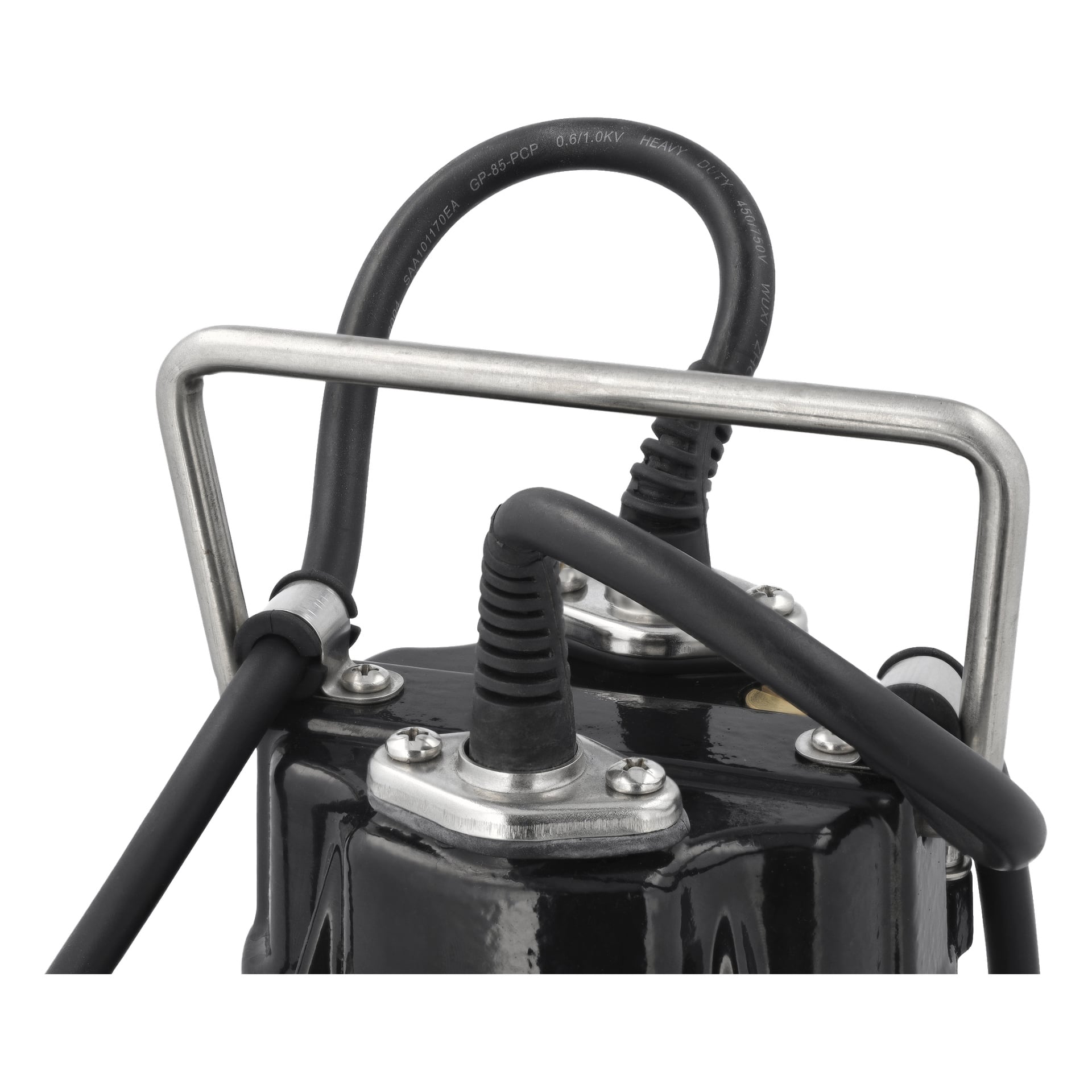 Detaljerad vy av den övre delen av en svart Meec Tools nedsänkbar pump, med metallhandtag och tre svarta kablar fastsatta med metallkopplingar och synliga skruvar.