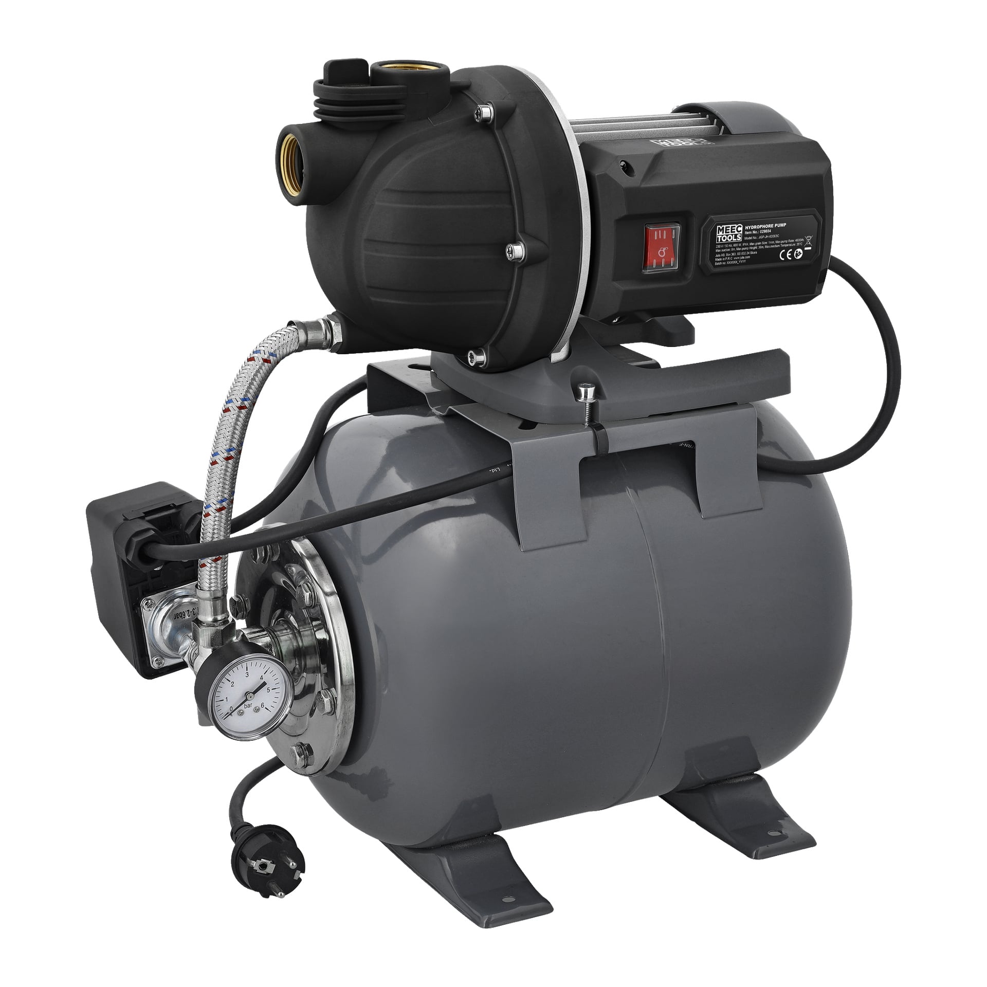 En svart og grå Meec Tools Hydrophore-pumpe med sylindrisk tank, tilkoblet måler, strømkabel og slanger. Den har en rød strømbryter og står på en solid metallbase.