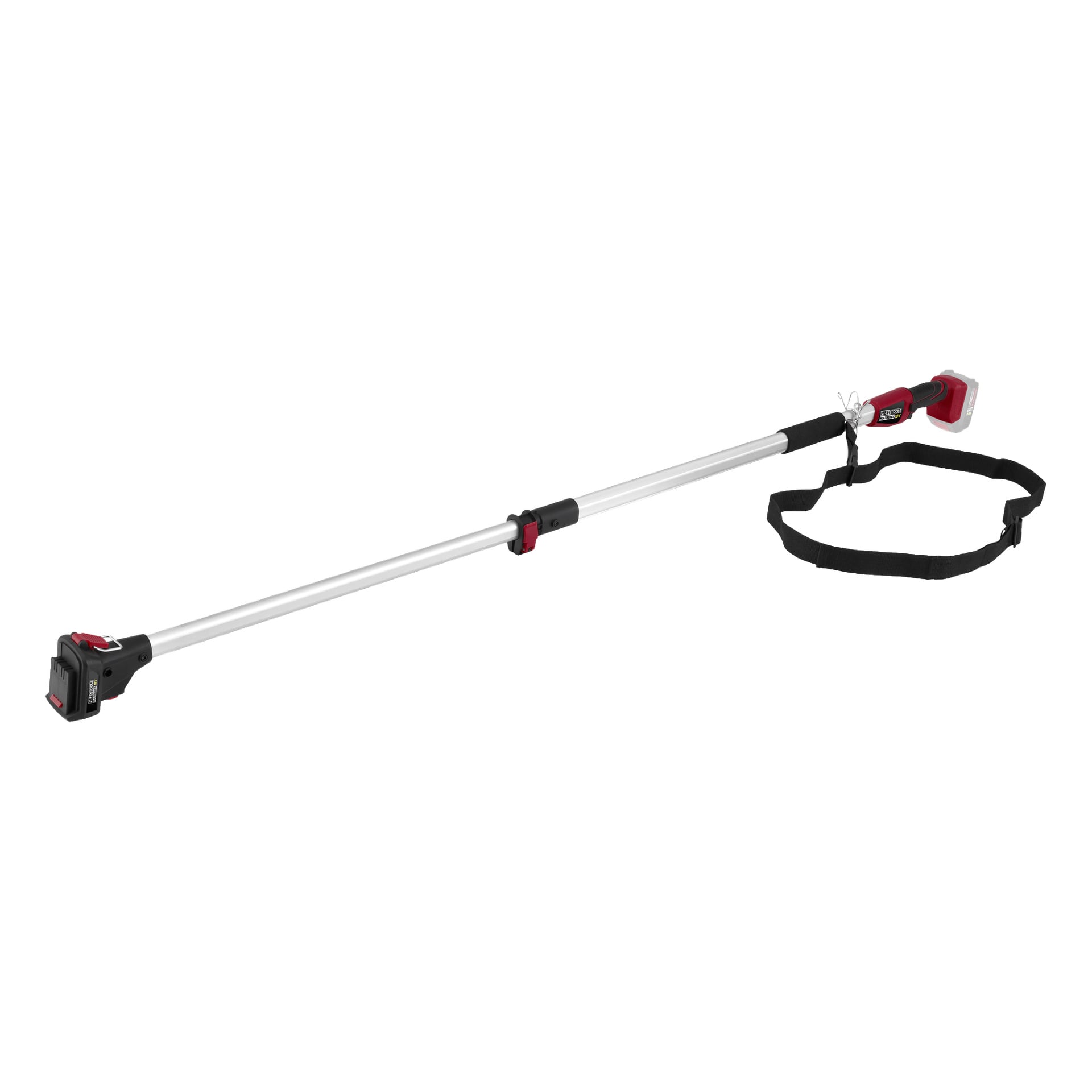 Ein vollständig ausgefahrener Meec Tools Multiseries Teleskopgriff für eine Handkettensäge ist zu sehen, mit einem schwarzen Riemen, roten und schwarzen Details sowie einem am Griff befestigten Batteriepack.