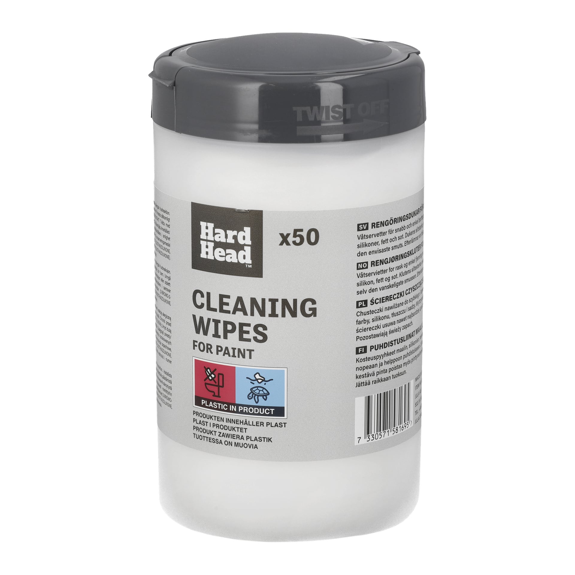 Biały plastikowy pojemnik z napisem "Clean cloths for paint 50 pack" od Hard Head mieści 50 chusteczek. Na szarej pokrywce widnieje napis "Twist off." Na etykiecie wydrukowane są ikony ostrzegawcze i informacje o produkcie.