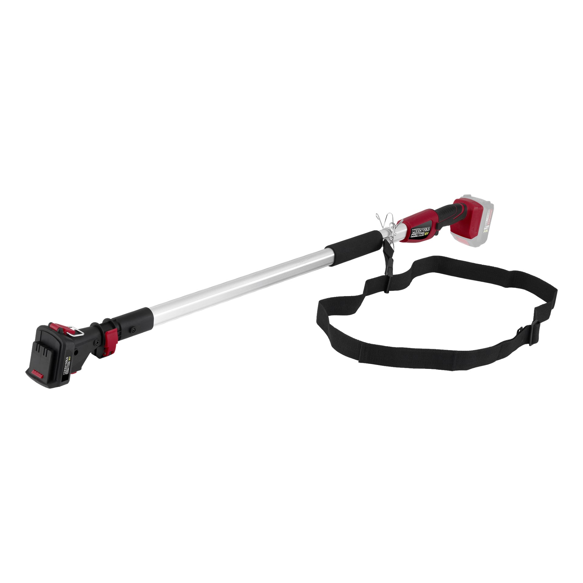 Ein Meec Tools Multiseries Teleskop-Griff, entworfen für eine Handkettensäge, mit einem silbernen, ausfahrbaren Schaft, schwarzen Griffen, rotem Motorgehäuse und einem mitgelieferten Schultergurt.