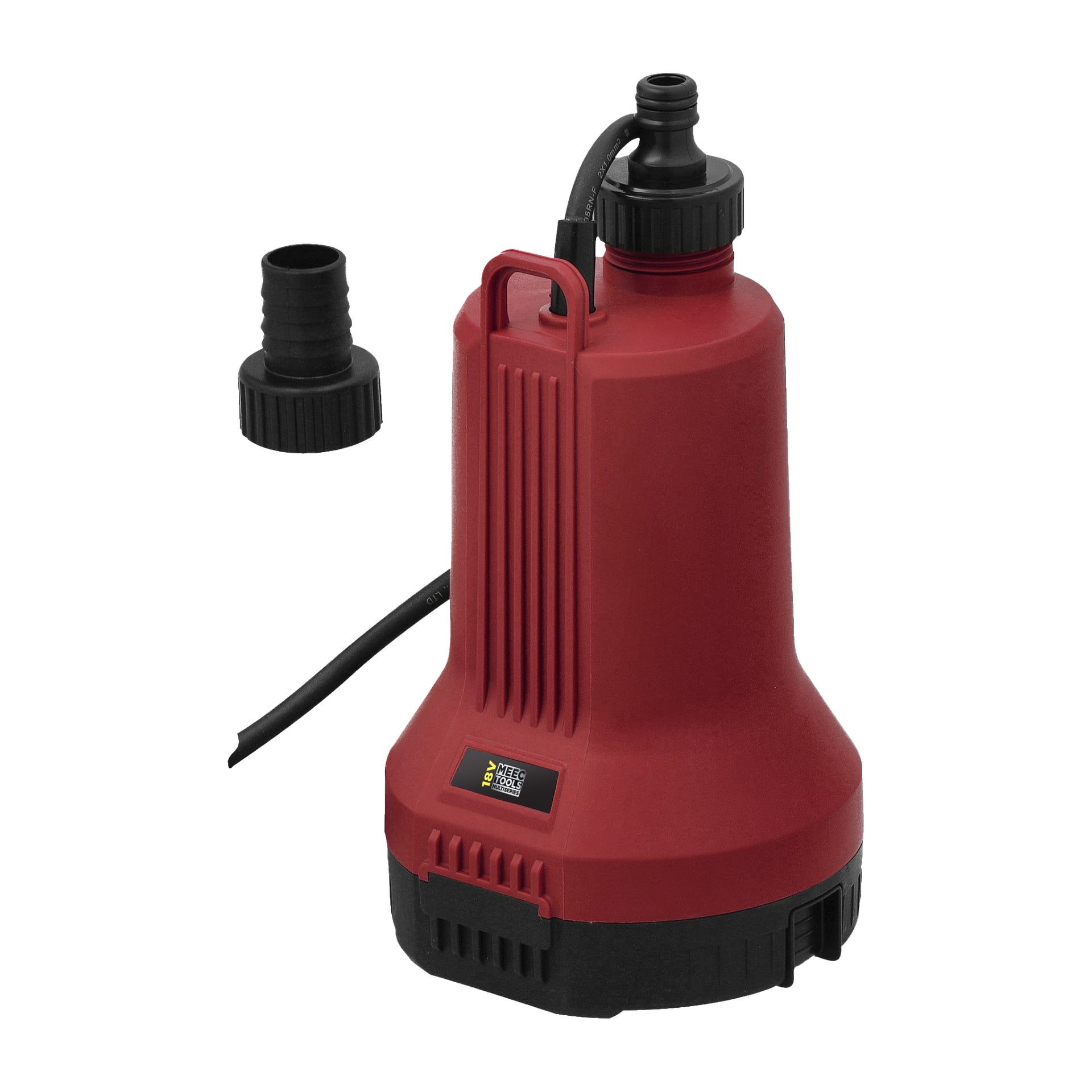 En batteridrevet nedsenkbar pumpe fra Meec Tools Multiseries med rød kropp, svart sokkel, svart strømkabel og slangekontakt. En separat svart slangeadapter er plassert til venstre for pumpen.
