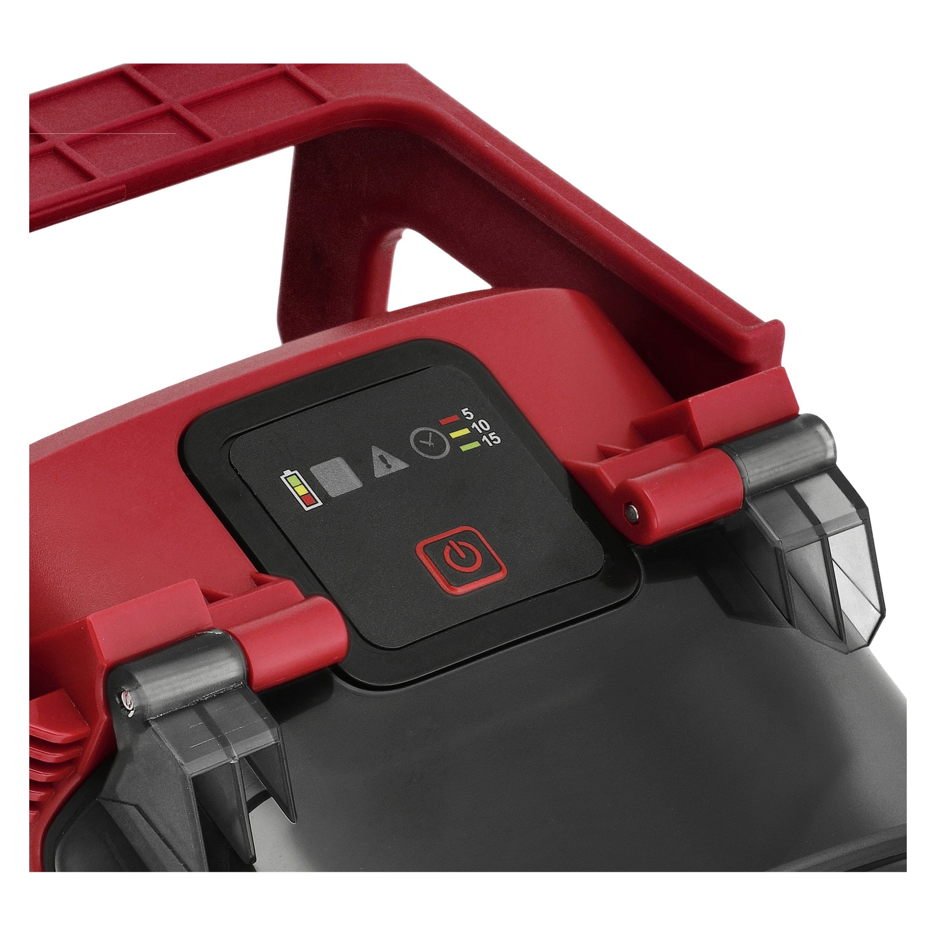 Nahaufnahme einer batteriebetriebenen Tauchpumpe der Meec Tools Multiseries, die das Bedienfeld mit Batteriestandanzeige, Warnsymbol, Zeiteinstellungen für 5, 10 und 15 Minuten sowie einem markanten roten Einschaltknopf unter dem Bildschirm hervorhebt. Das Bedienfeld befindet sich direkt unter einem robusten Griff.