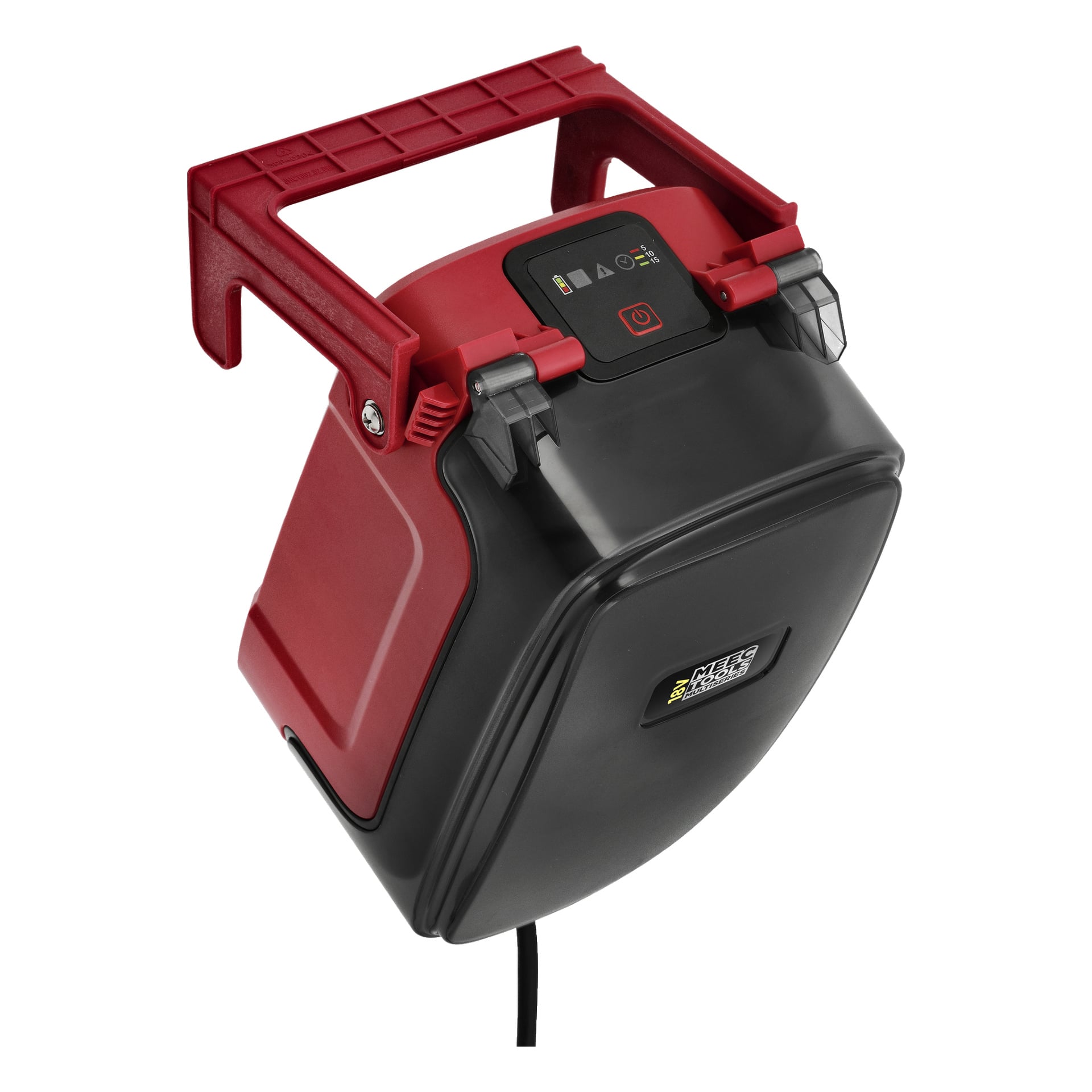 En rød og svart Meec Tools Multiseries batteridrevet nedsenkbar pumpe med håndtak, knapper på kontrollpanelet, indikatorlys og en ledning som stikker ut fra bunnen.