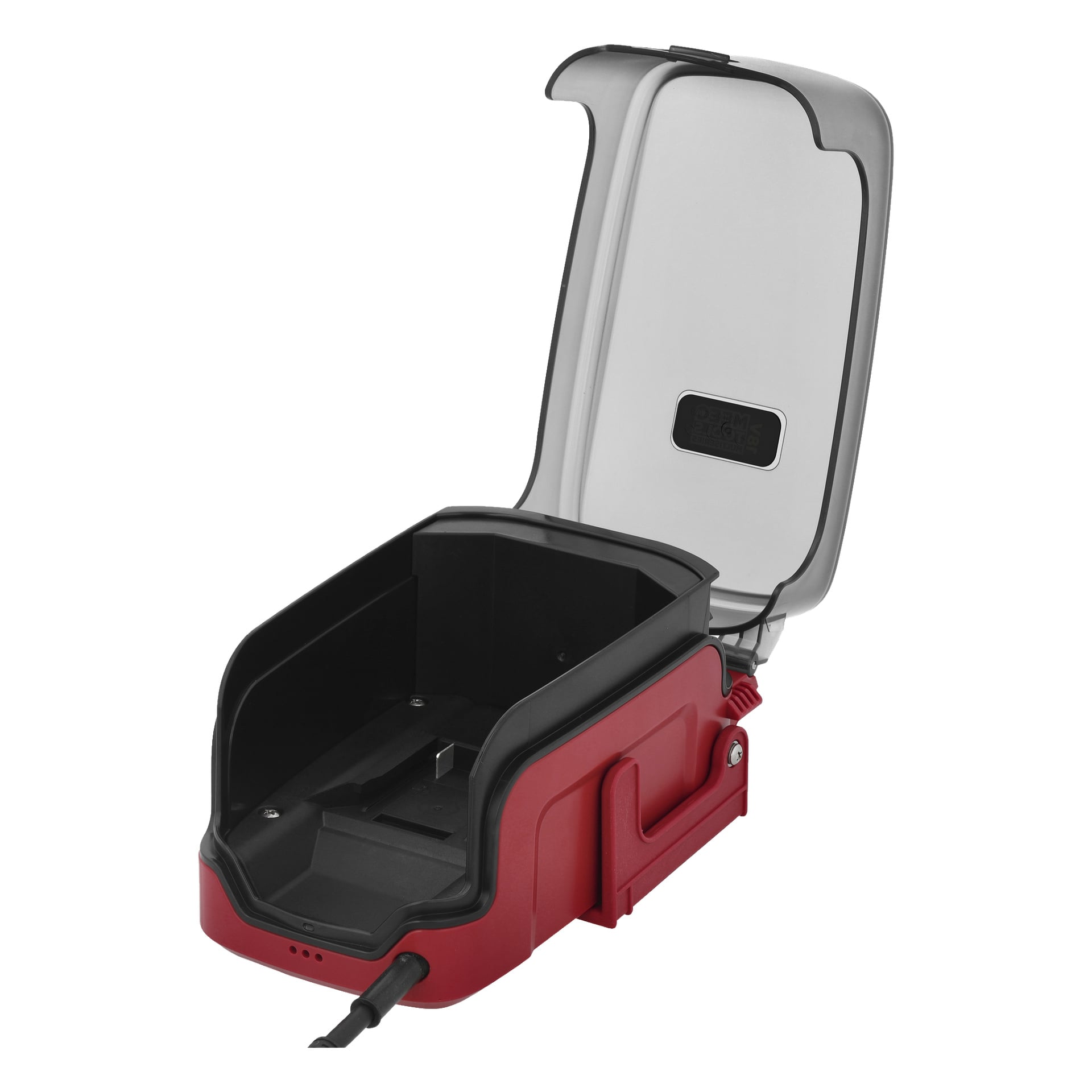 Die Meec Tools Multiseries Tauchpumpe mit roten und schwarzen Farben hat ihren klappbaren grauen Deckel offen, sodass ein leeres Fach sichtbar wird. Ein Kabel verläuft von der vorderen linken Ecke der Pumpe.
