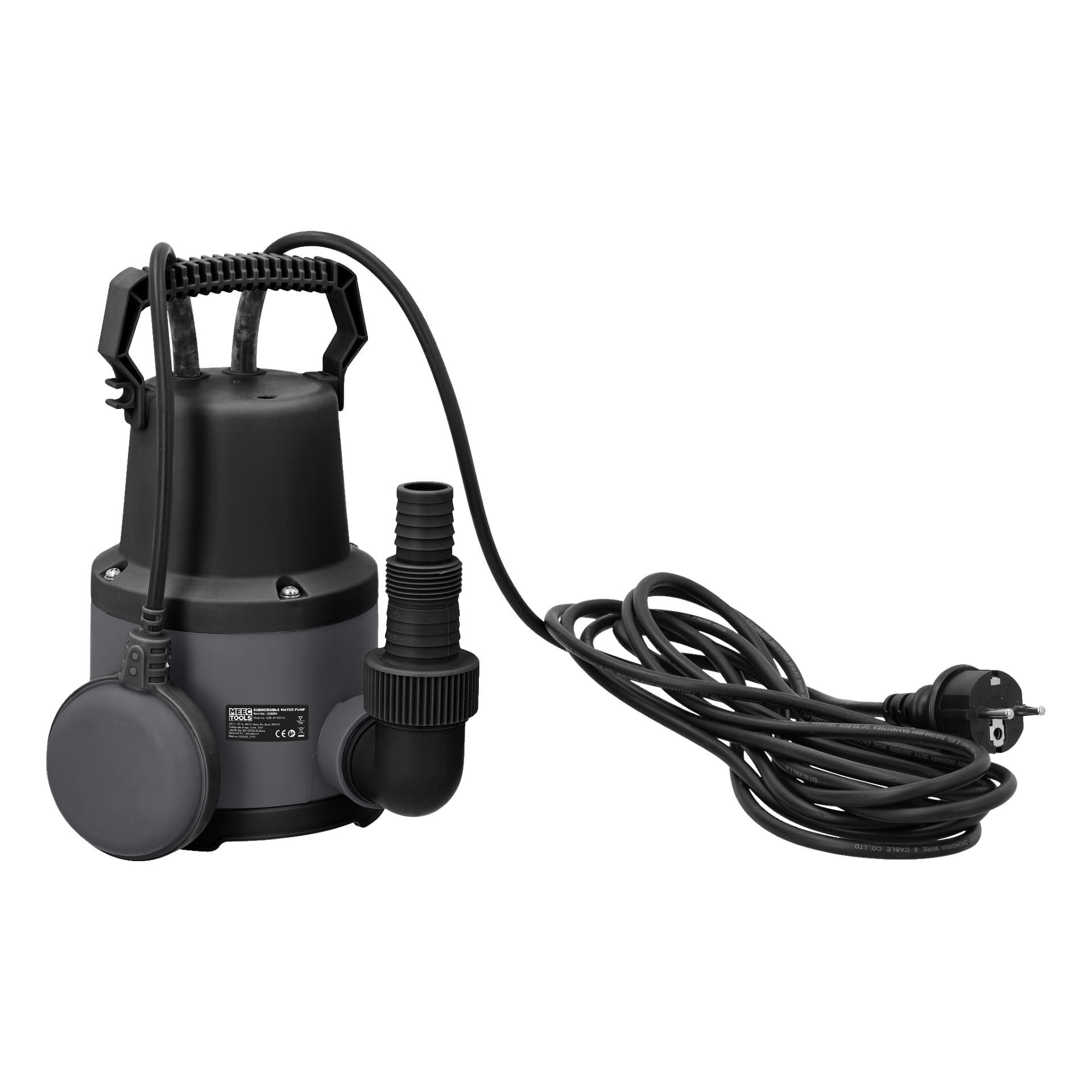 Eine schwarze und graue Meec Tools Tauchpumpe mit Griff, Schwimmerschalter, schräger Steckdose und einem verlängerten Stromkabel, das in einem Stecker endet.