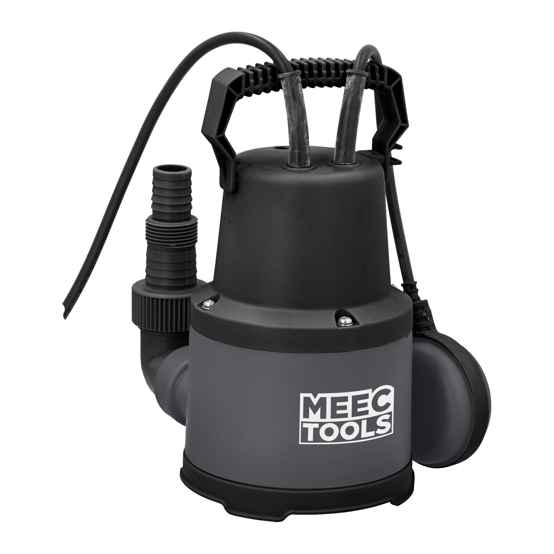Eine kleine schwarz-graue Tauchpumpe von Meec Tools, ausgestattet mit einem Griff, Kabeln, einer Seitenauslässe und dem Meec Tools-Logo auf der Vorderseite.