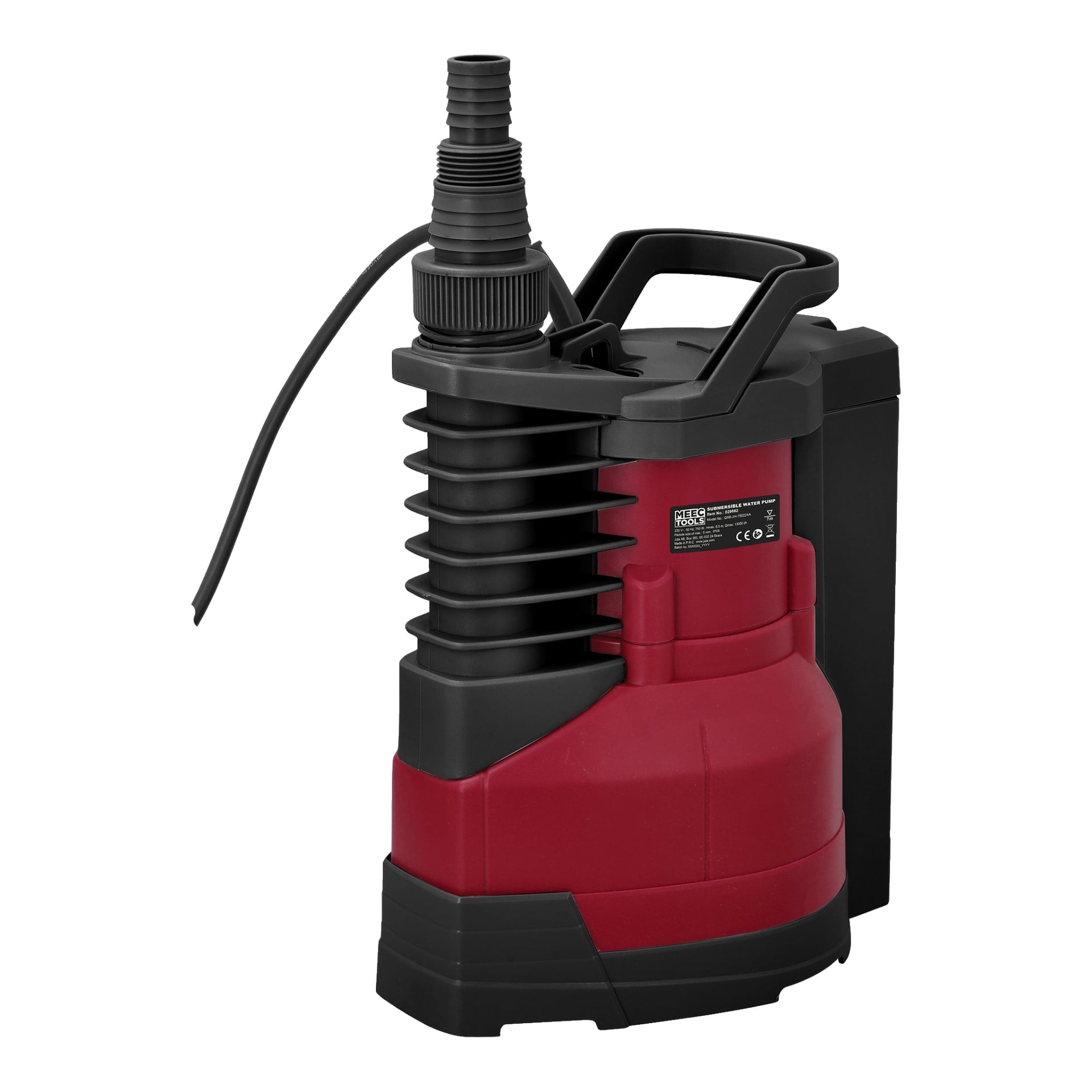 En svart och röd Meec Tools nedsänkbar pump med stadigt handtag, ansluten strömkabel och distinkt räfflad hölje, designad för att effektivt avlägsna vatten från källare eller dammar.