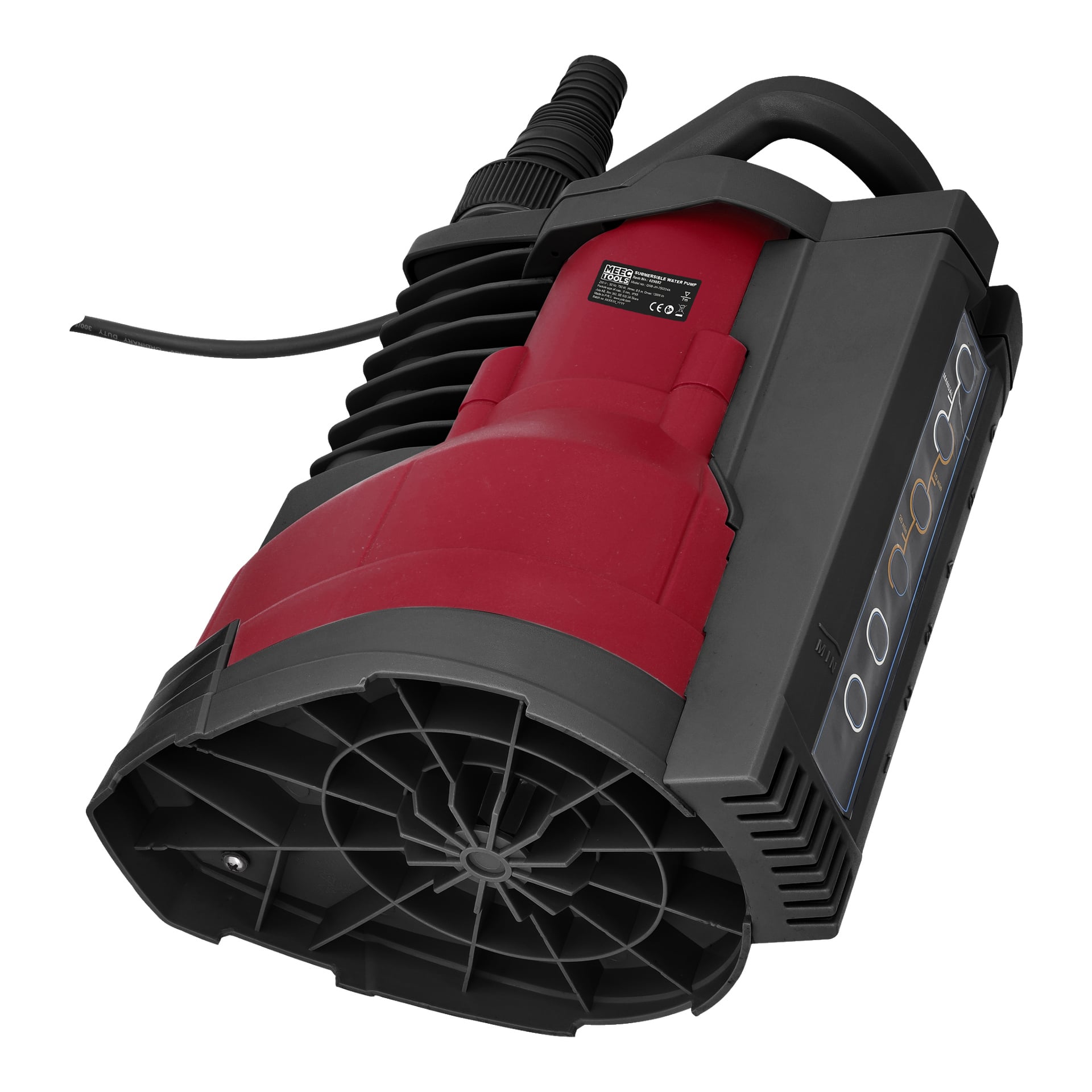 En svart och röd Meec Tools nedsänkbar pump med robust handtag, en exponerad strömkabel, en cirkulär bas och en sidokontrollpanel utrustad med knappar.