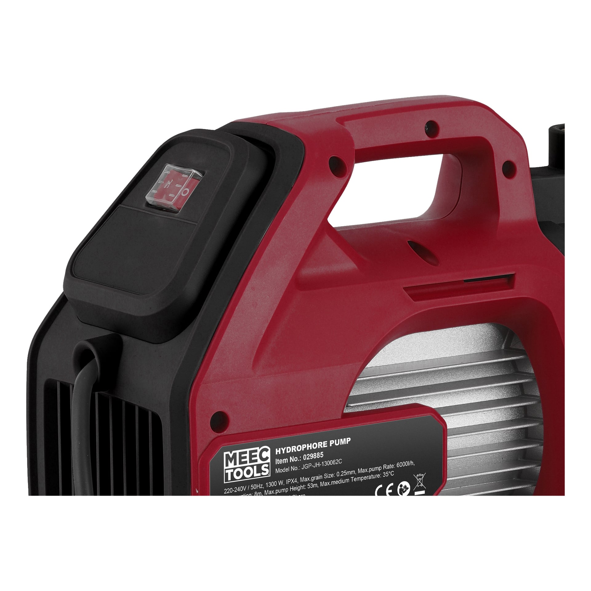 Närbild av en röd och svart Meec Tools Hydrophore-pump, med handtaget, strömbrytaren och en del av det metalliska motorhuset med produktetikett och specifikationer i fokus.