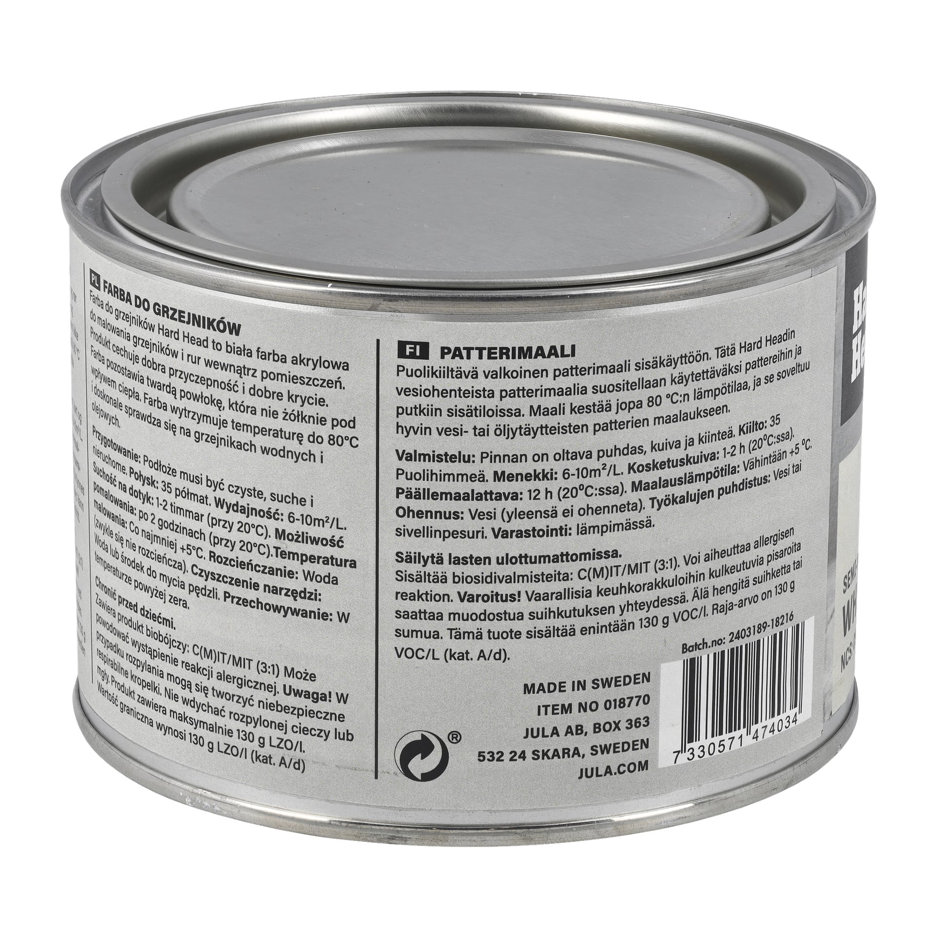 En metallburk med Hard Head Radiator-färg med en etikett med instruktioner, säkerhetsikoner, en streckkod och riktlinjer för produktanvändning och förberedelse. En del av texten lyder: "Farba do grzejników", "Radiator maali", "Do stosowania wewnątrz pomieszczeń" och "Waga netto".