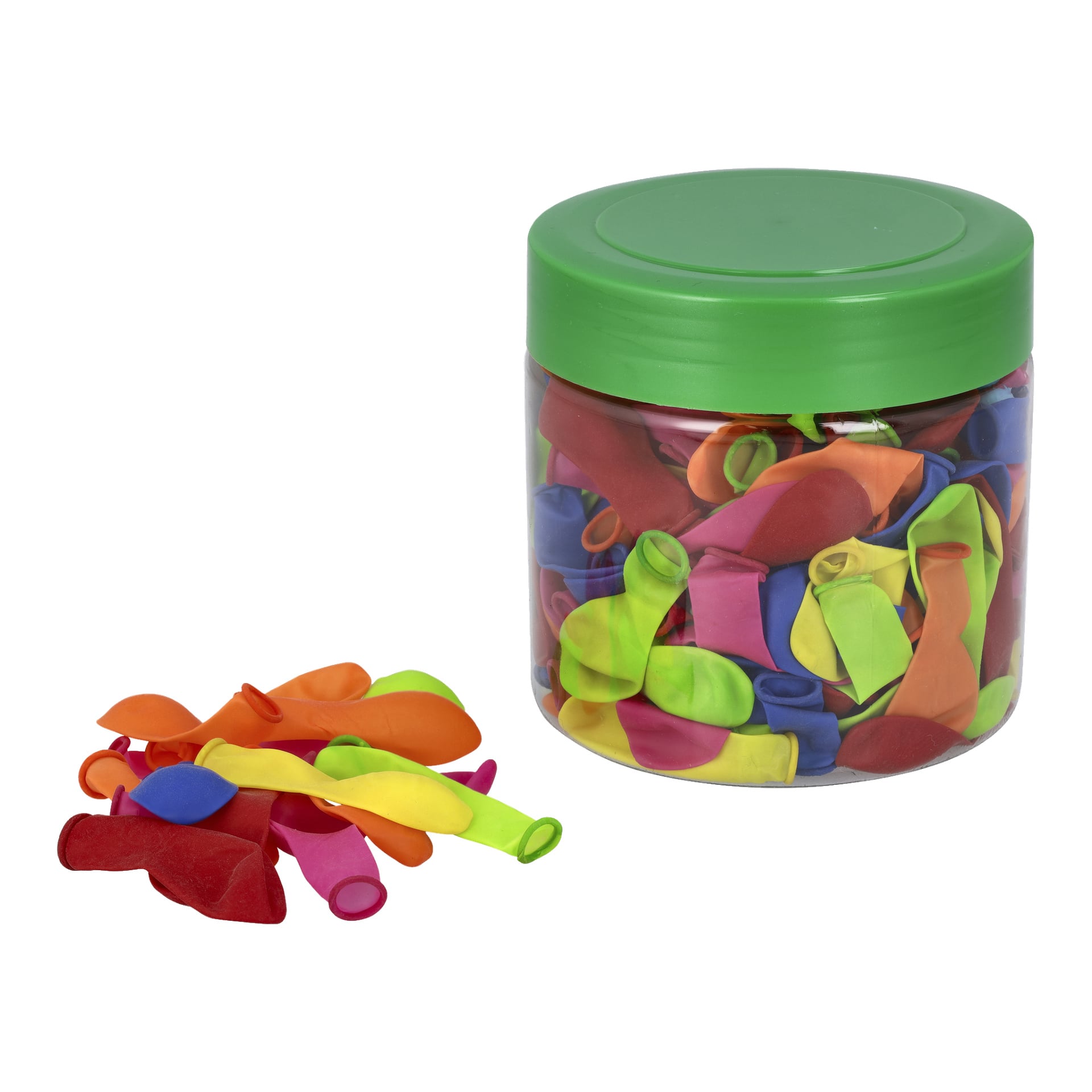 En genomskinlig plastburk märkt "Robetoys Water Balloons 250 Pack" med grönt lock innehåller en mängd färgglada urladdade ballonger, med ytterligare ljusa luftiga ballonger bredvid burken.
