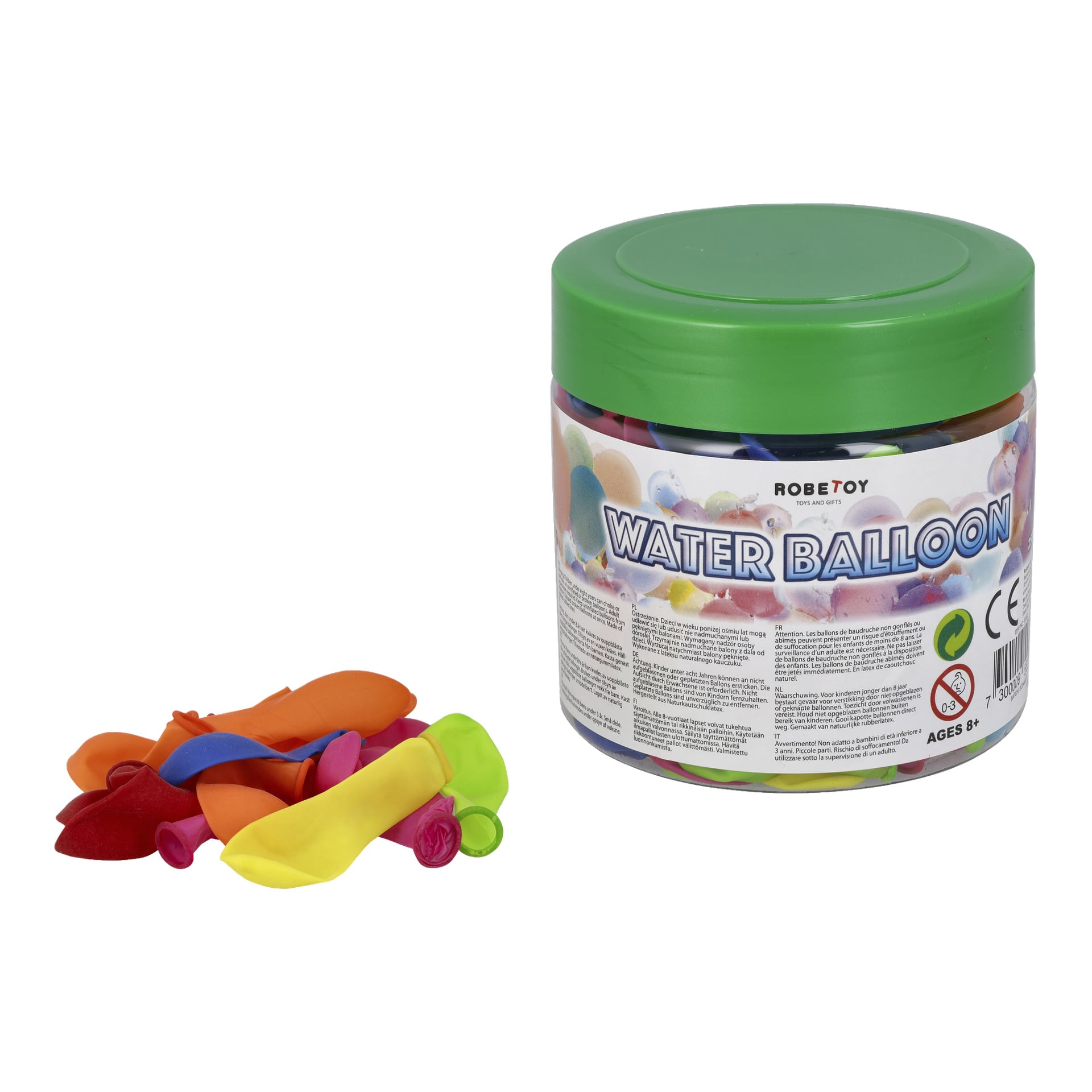 En behållare märkt som ett Robetoys Water Balloons 250-paket är fylld med olika färgglada ballonger, med några ouppblåsta ballonger i orange, rött, gult, rosa och grönt placerade bredvid.