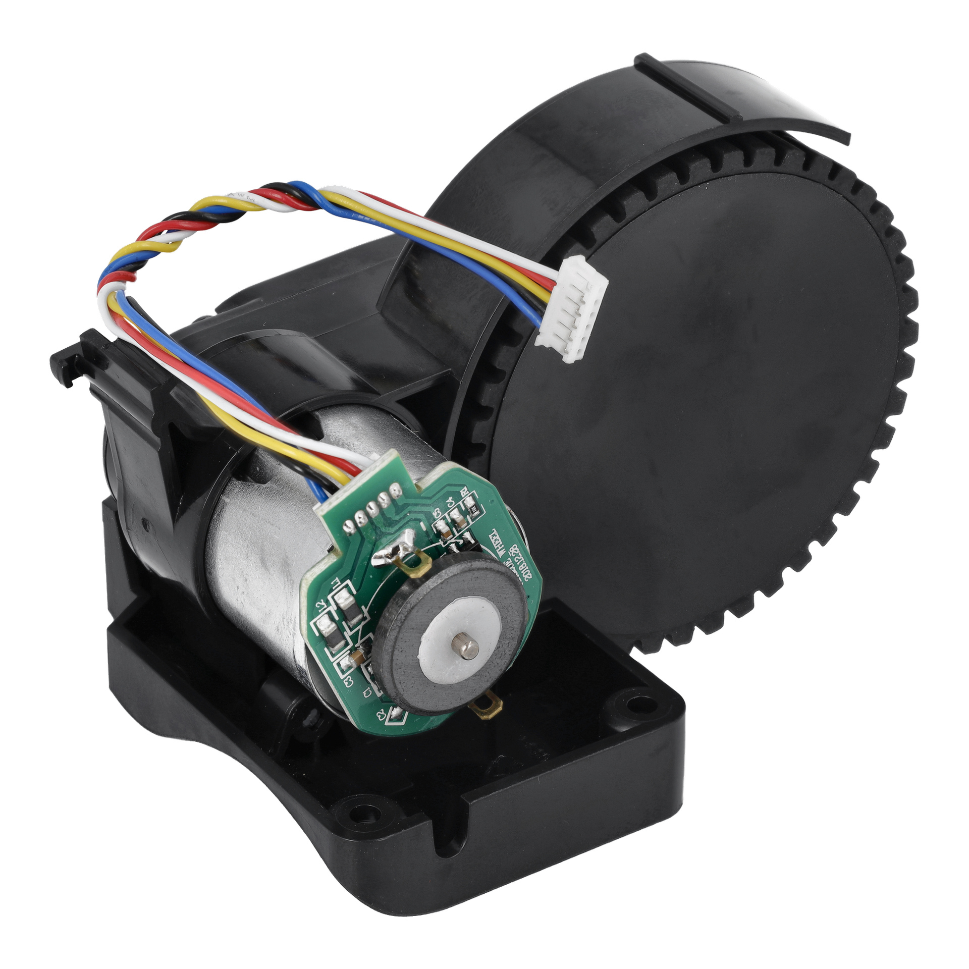 En kompakt elmotorenhet med grönt kretskort, färgglada ledningar och svart växelhus, märkt Wheel W Motor R/L F. 025971.