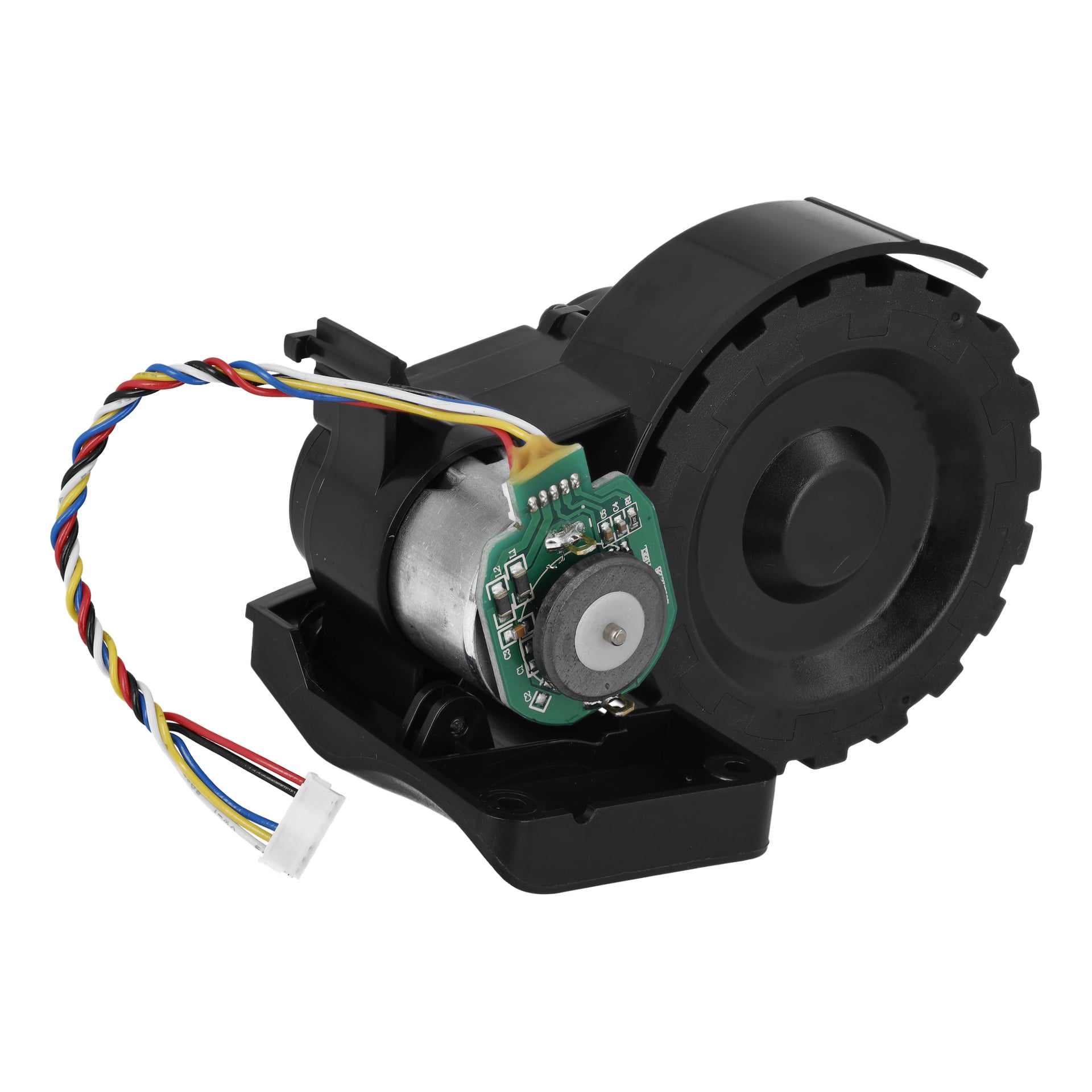 Drive Wheel R/L F. 025986 har ett svart plastchass, synligt kretskort, färgglada kablar och en vit kontaktkontakt.