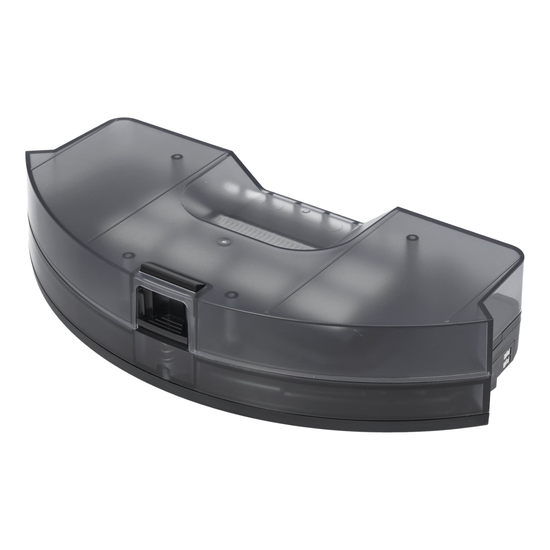 Dammbehållare F. 025986 är en klar, böjd plastbehållare med handtag och lås som är gjord för robotdammsugarens dammuppsamling.